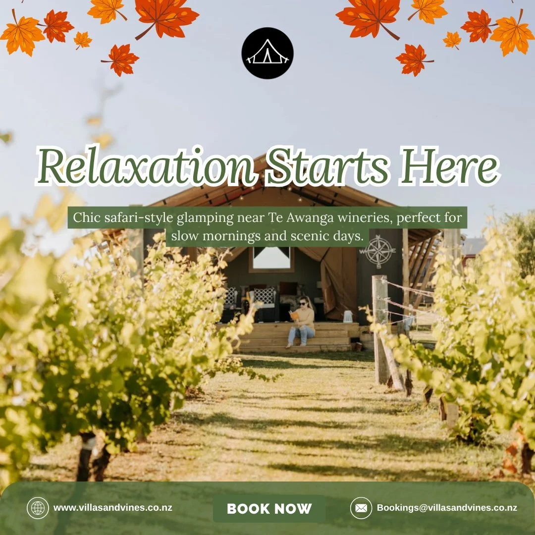 As the weather cools, Villas and Vines becomes the perfect cosy escape.

Unwind in safari-style glamping comfort, soak in the outdoor bath, relax by your private firepit, and enjoy cycle trails right at your doorstep.

Cosy beds, electric blankets, s