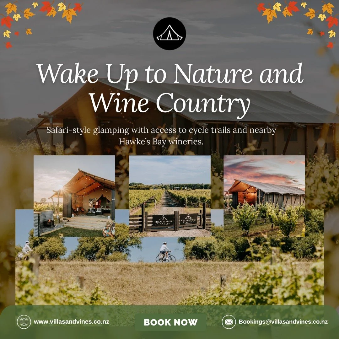 Wake up surrounded by nature, then spend the day exploring nearby wineries and cycle trails.

Villas and Vines offers safari-style glamping with the comfort, calm and scenery Hawke&rsquo;s Bay is known for.

Use CHILLOUT for 10% off our autumn/winter