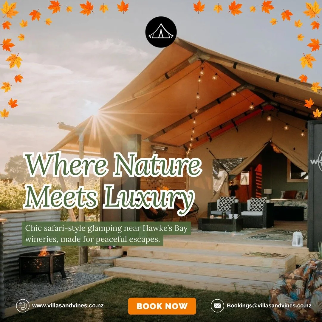 Make your next getaway one to remember.

Enjoy safari-style glamping near Hawke&rsquo;s Bay wineries, with peaceful views, fresh air and plenty of space to slow down.

Use CHILLOUT for 10% off our autumn/winter special.

Book your cosy escape.

#Coup