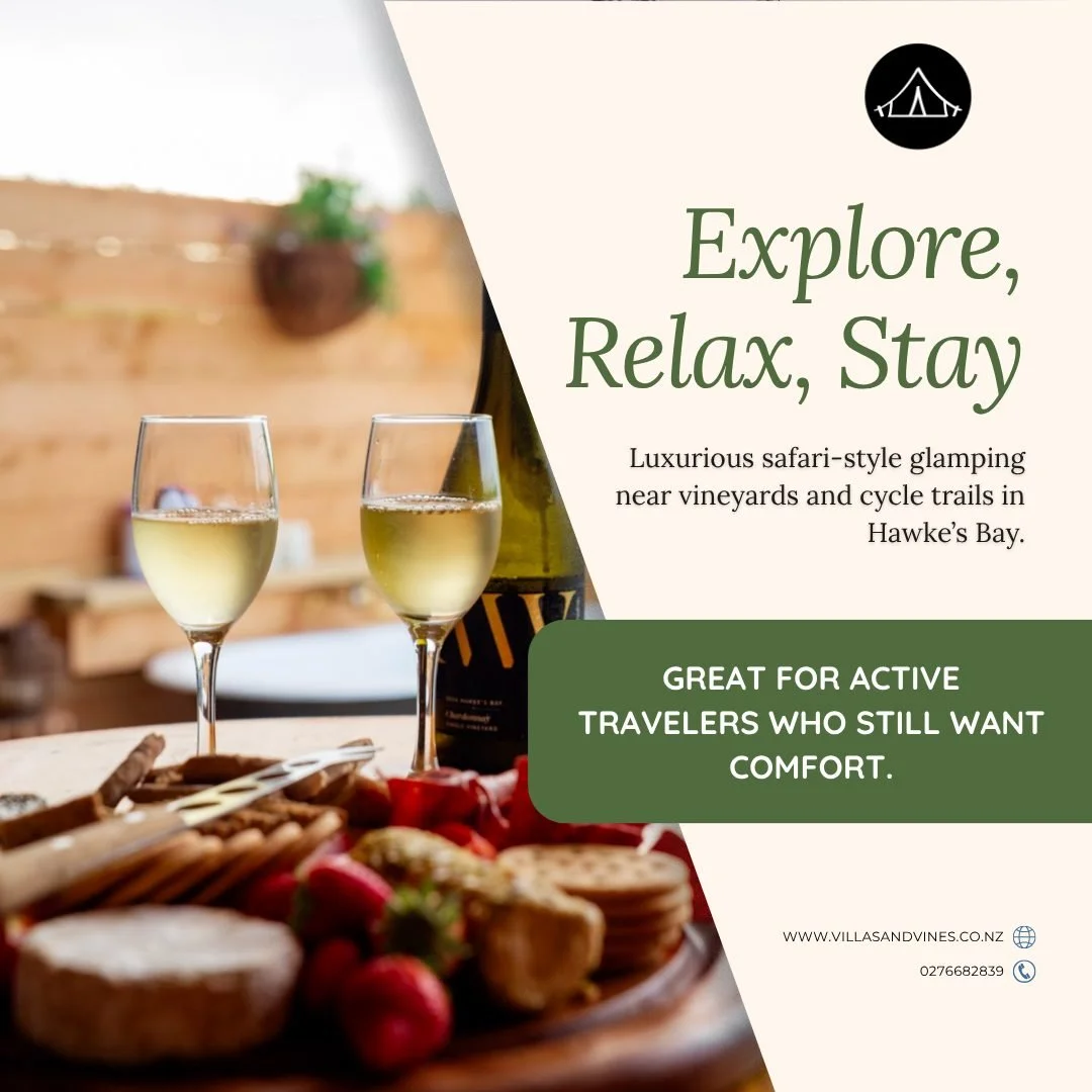 Chic, comfortable and made for slowing down.

Enjoy safari-style glamping near Hawke&rsquo;s Bay vineyards and cycle trails, with nature, comfort and quiet relaxation all in one stay.

Use CHILLOUT for 10% off our autumn/winter special.

Book now.

#