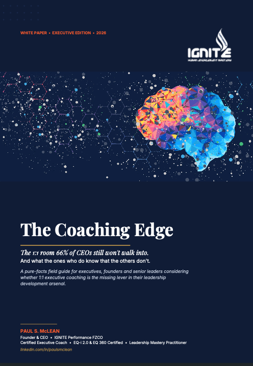 The Coaching Edge Executive White Paper that is a pure-facts field guide for executives, founders and senior leaders offering 1:1 executive coaching as the missing lever in their leadership development arsenal. Authored by Paul S. McLean