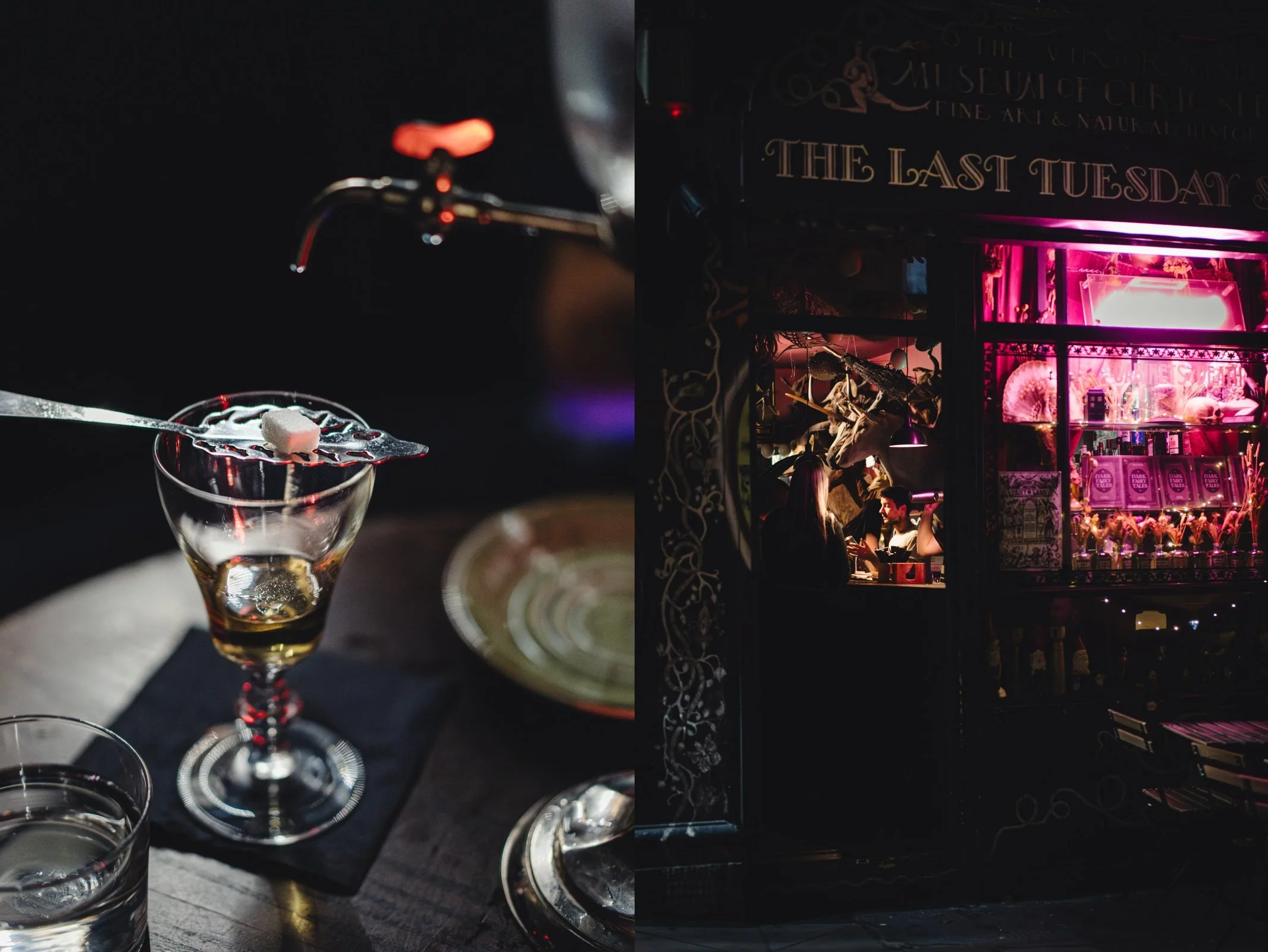 A close-up of a cocktail glass with a sugar cube and spoon, and an outdoor scene of a brightly lit, pink-themed booth at night with people sitting inside.
