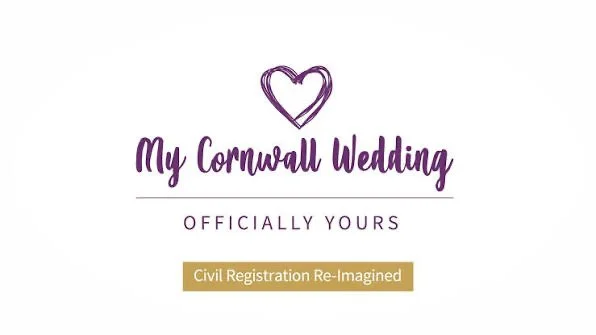 Wedding announcement image with purple heart, text 'My Cornwall Wedding,' 'Officially Yours,' and a gold banner stating 'Civil Registration Re-Imagined.'