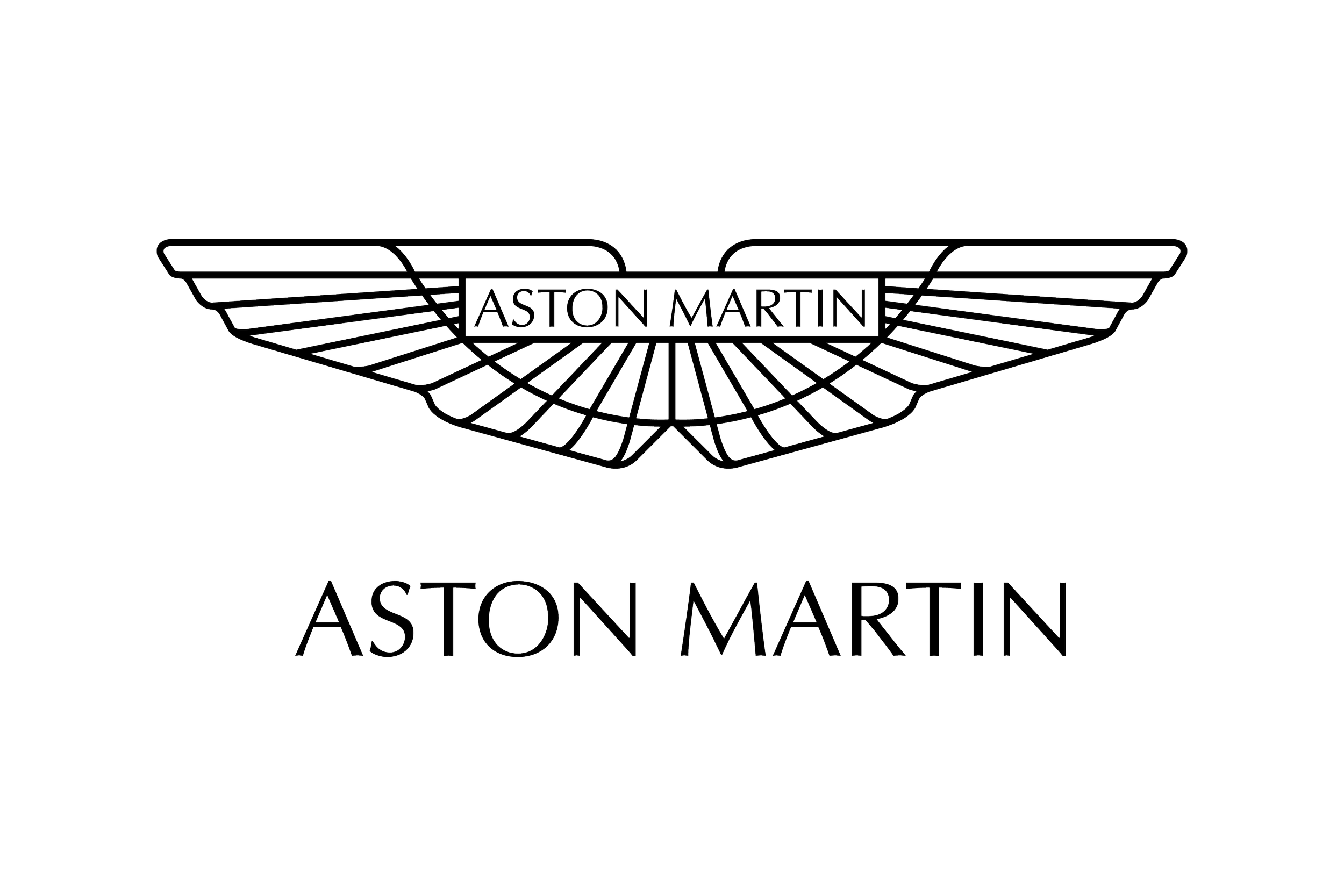 Outline logo of Aston Martin, featuring wings with the brand name in the center, and the words 'Aston Martin' below.