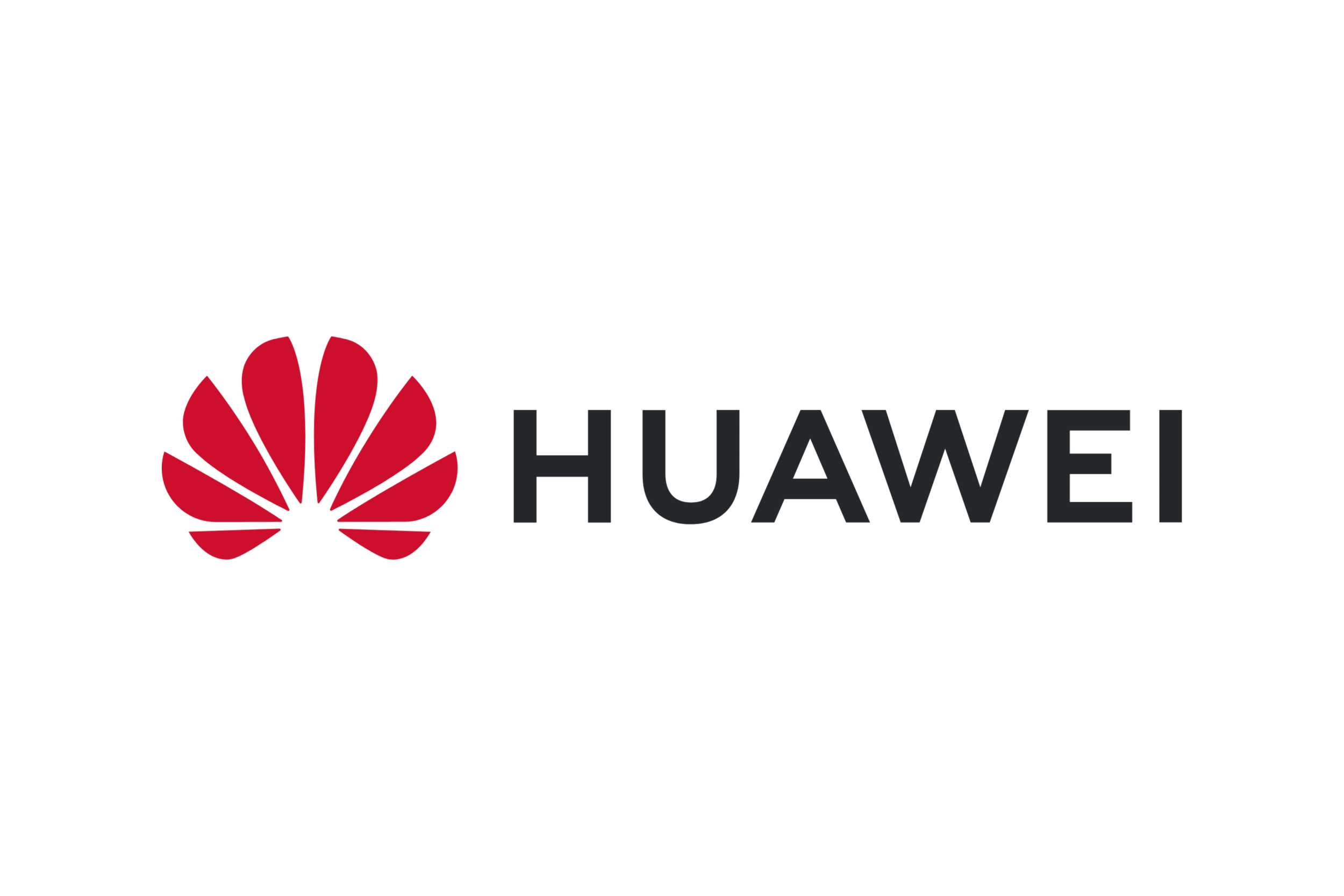 The Huawei logo with a red and black stylized flower emblem and the word 'HUAWEI' in black