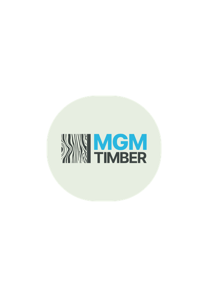 MGM Timber logo with black and white barcode design and blue and black text on a light gray circular background.