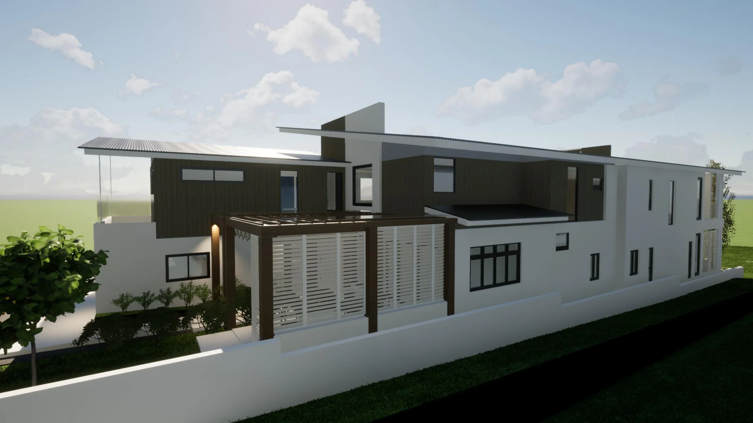 Side view capturing the impressive roof line and Entrance Loggia