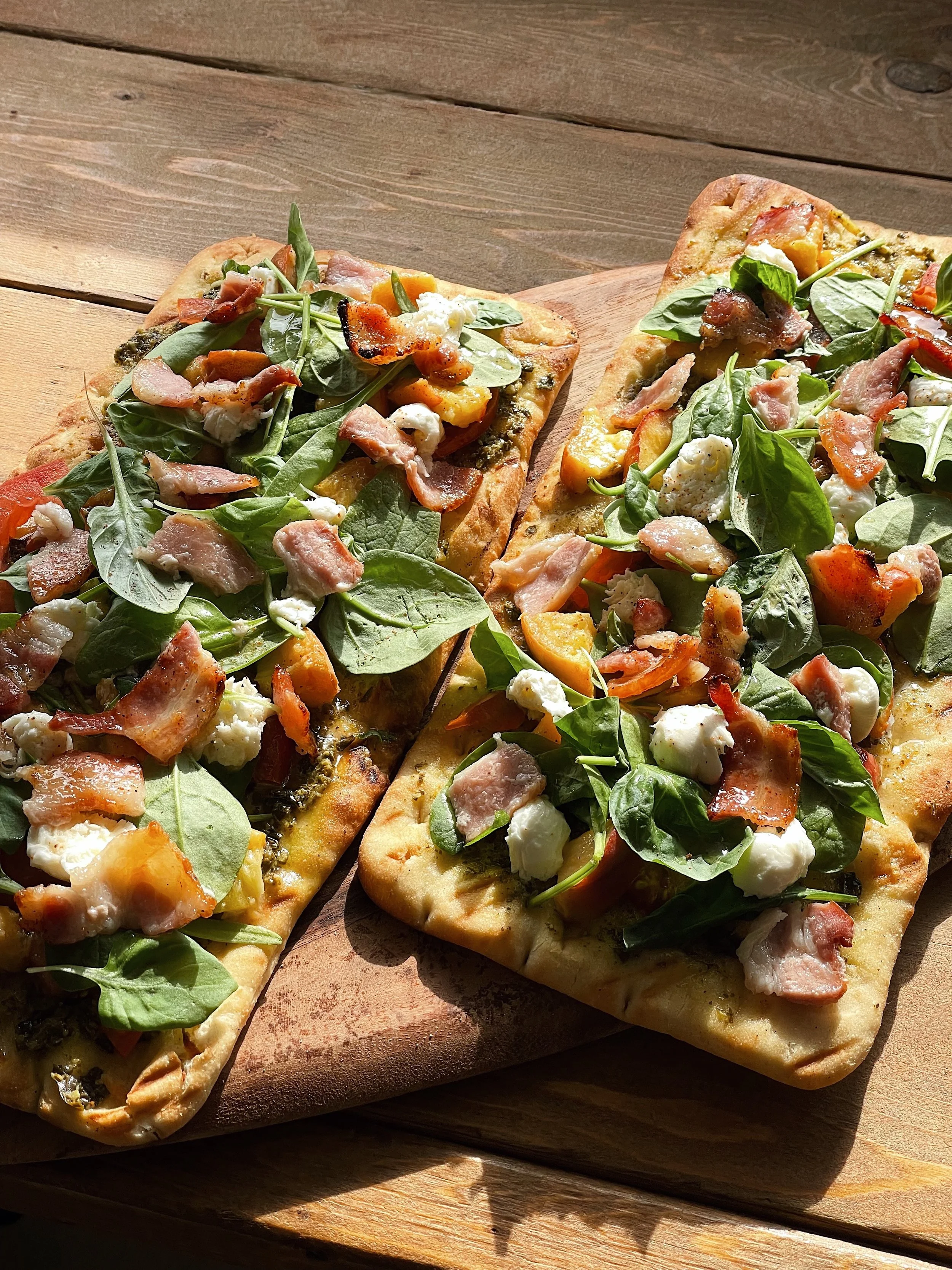 Peach, Pesto and Bacon Pizza