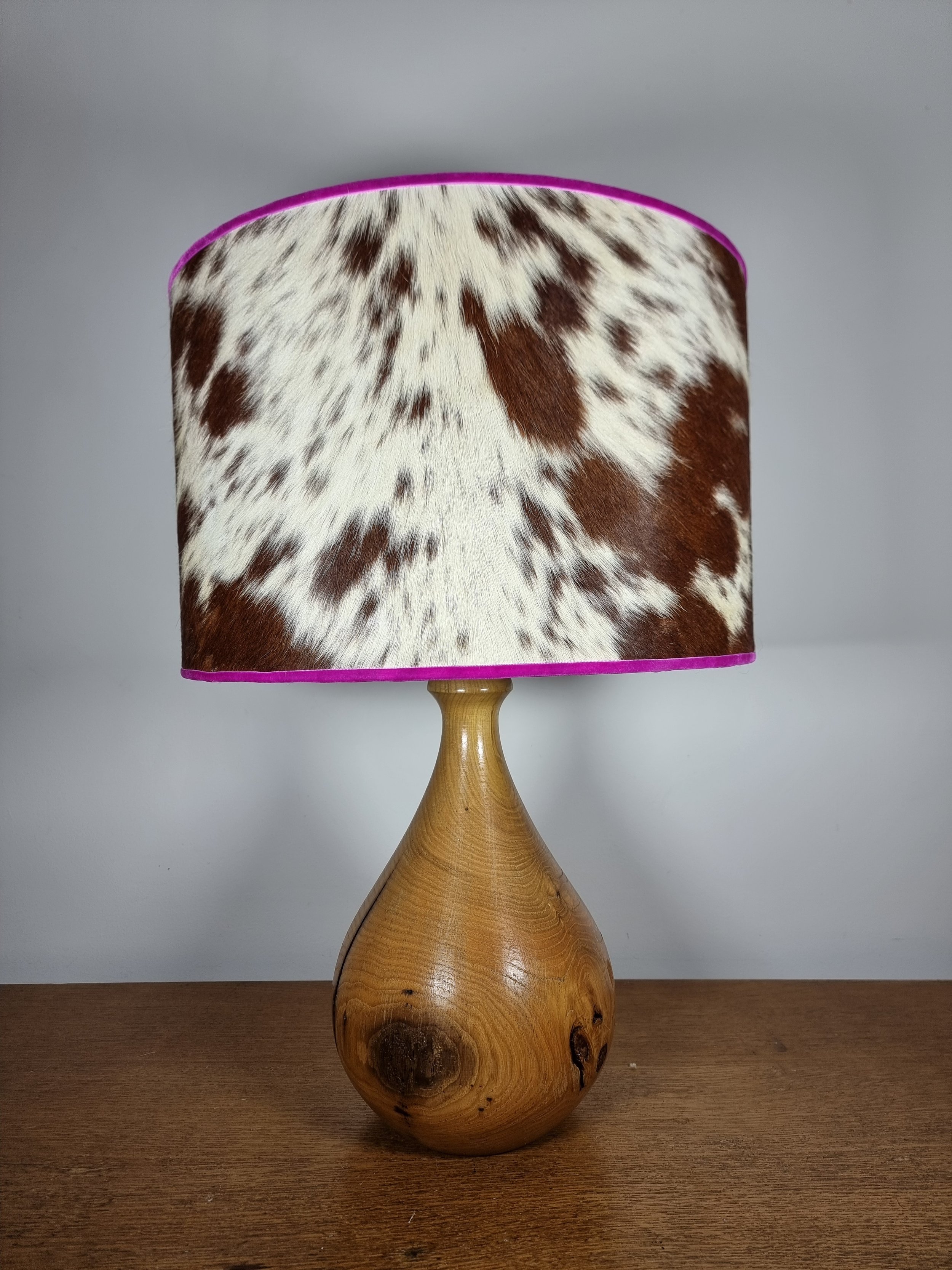 40cm Drum Lampshade - Brown/White Cowhide with Pink Velvet