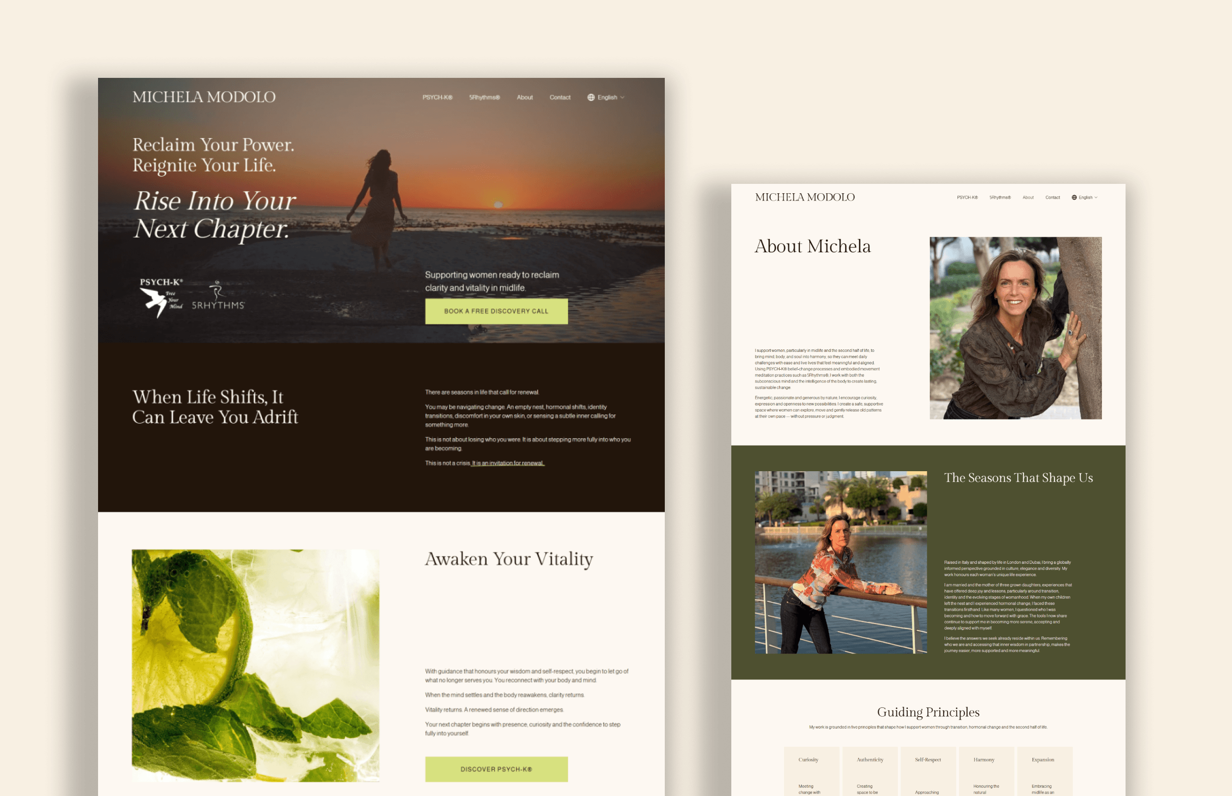 Two website page screenshots. The first page has a sunset beach background with text about reclaiming power and vitality. The second page shows a portrait of a woman with work about her into nature and guiding principles.