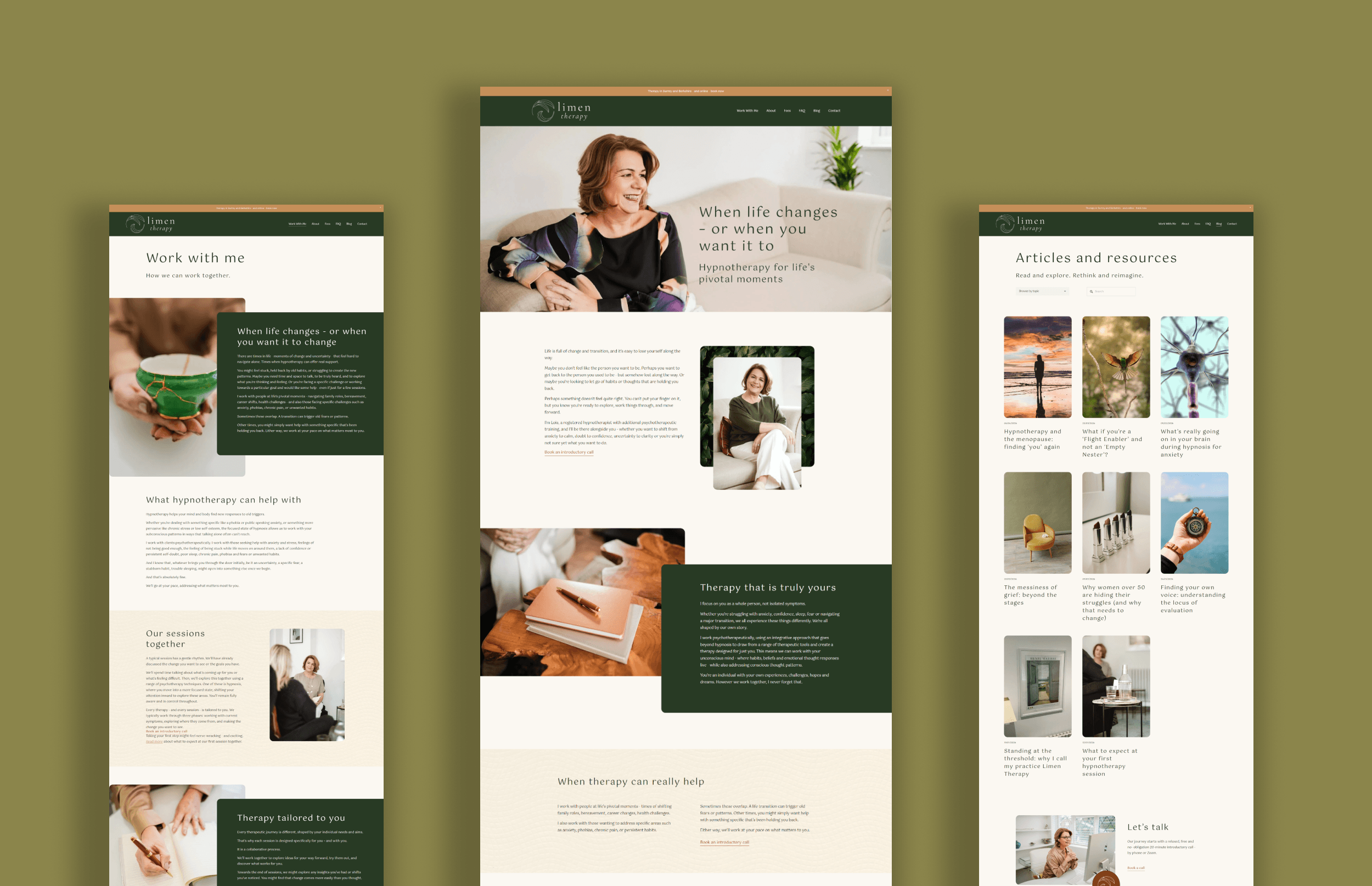 Screenshot of a website for Limen Therapy featuring a woman sitting on a sofa, smiling, with articles and resources related to therapy and hypnotherapy.