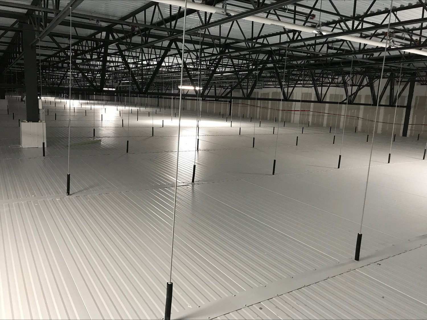 Large empty warehouse interior with insulated metal wall panels and exposed steel roof framing