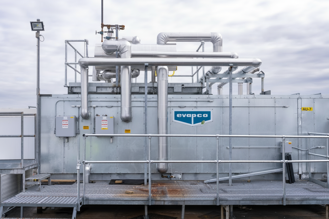 Replacement rooftop air unit with insulated piping on a steel platform