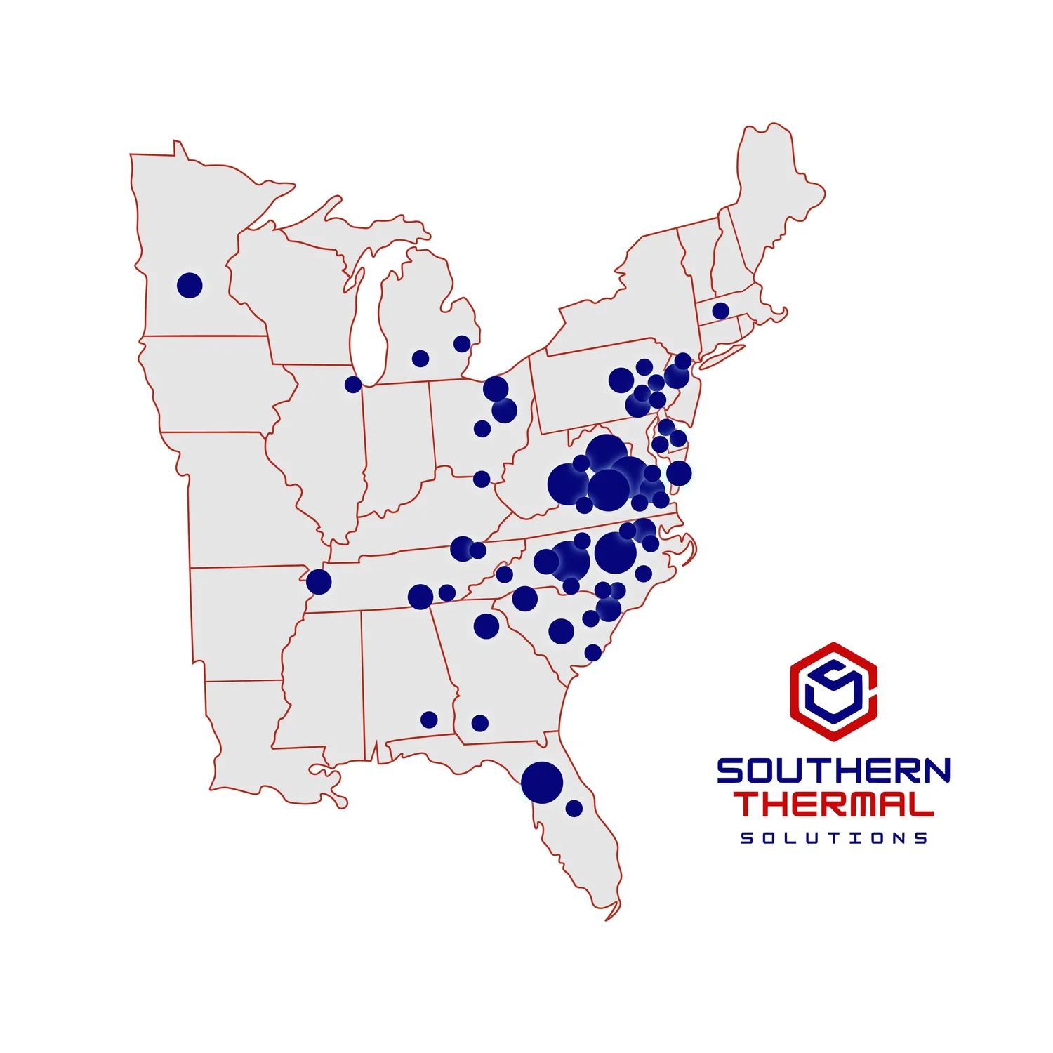 A map of the United States showing locations of Southern Thermal Solutions with blue dots of varying sizes. The company's logo, red and blue, is in the bottom right corner with the text 'Southern Thermal Solutions'.