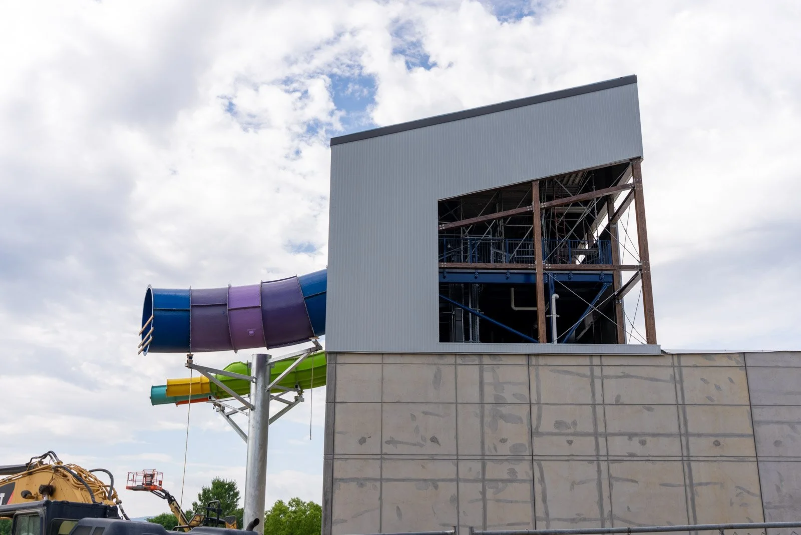 Insulated metal siding panels on the Massanutten Water Park stair tower, finished with a corrosion-resistant coating for chlorine and wind exposure
