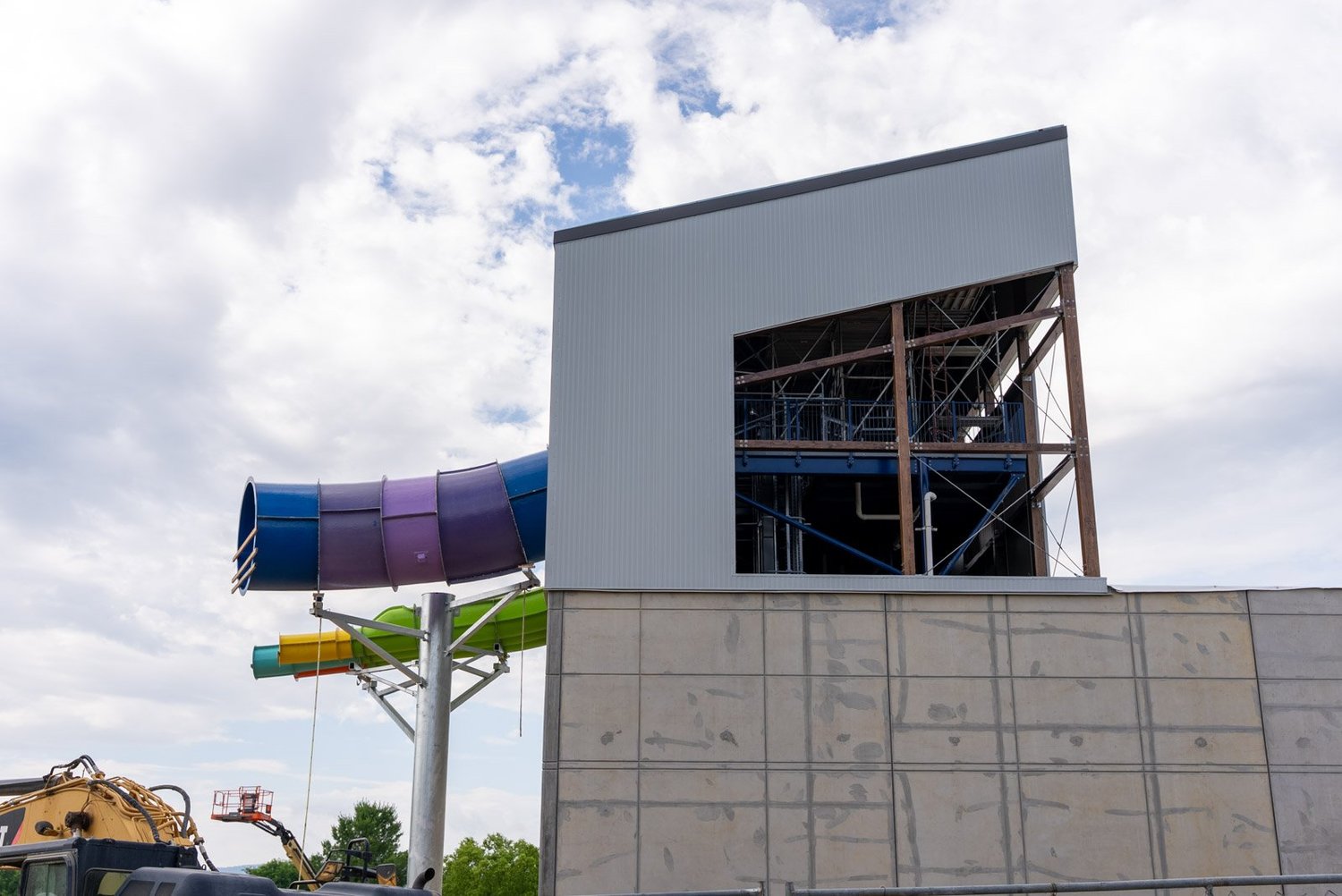 Insulated metal siding panels on the Massanutten Water Park stair tower, finished with a corrosion-resistant coating for chlorine and wind exposure