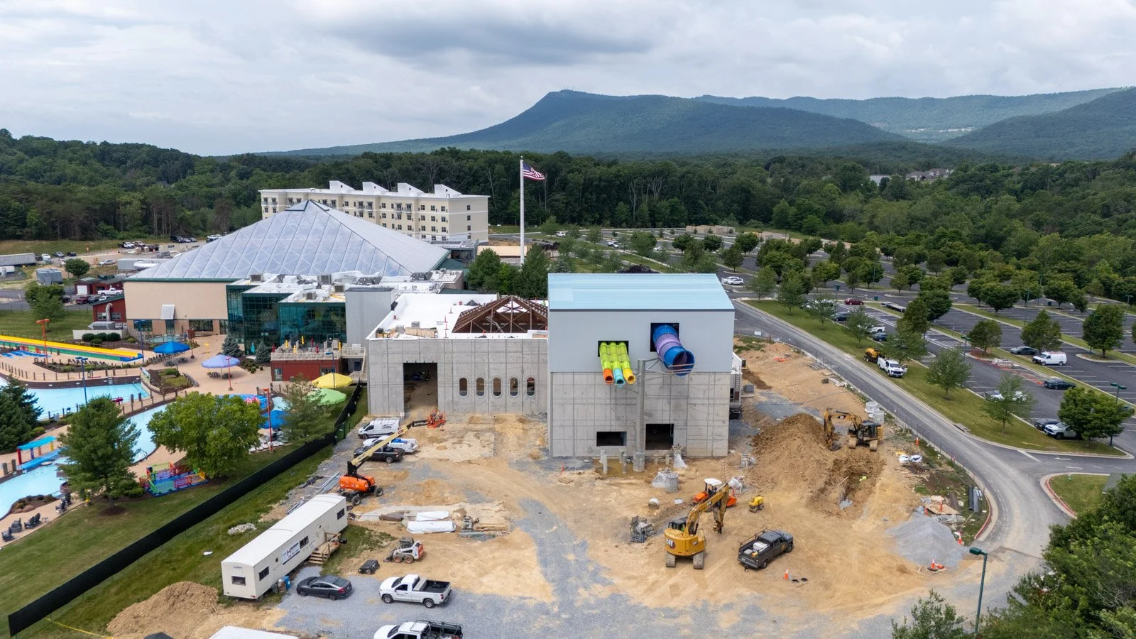Southern Thermal insulated metal panel contractors' completed stair tower enclosure overlooking Massanutten Water Park and the Shenandoah Valley