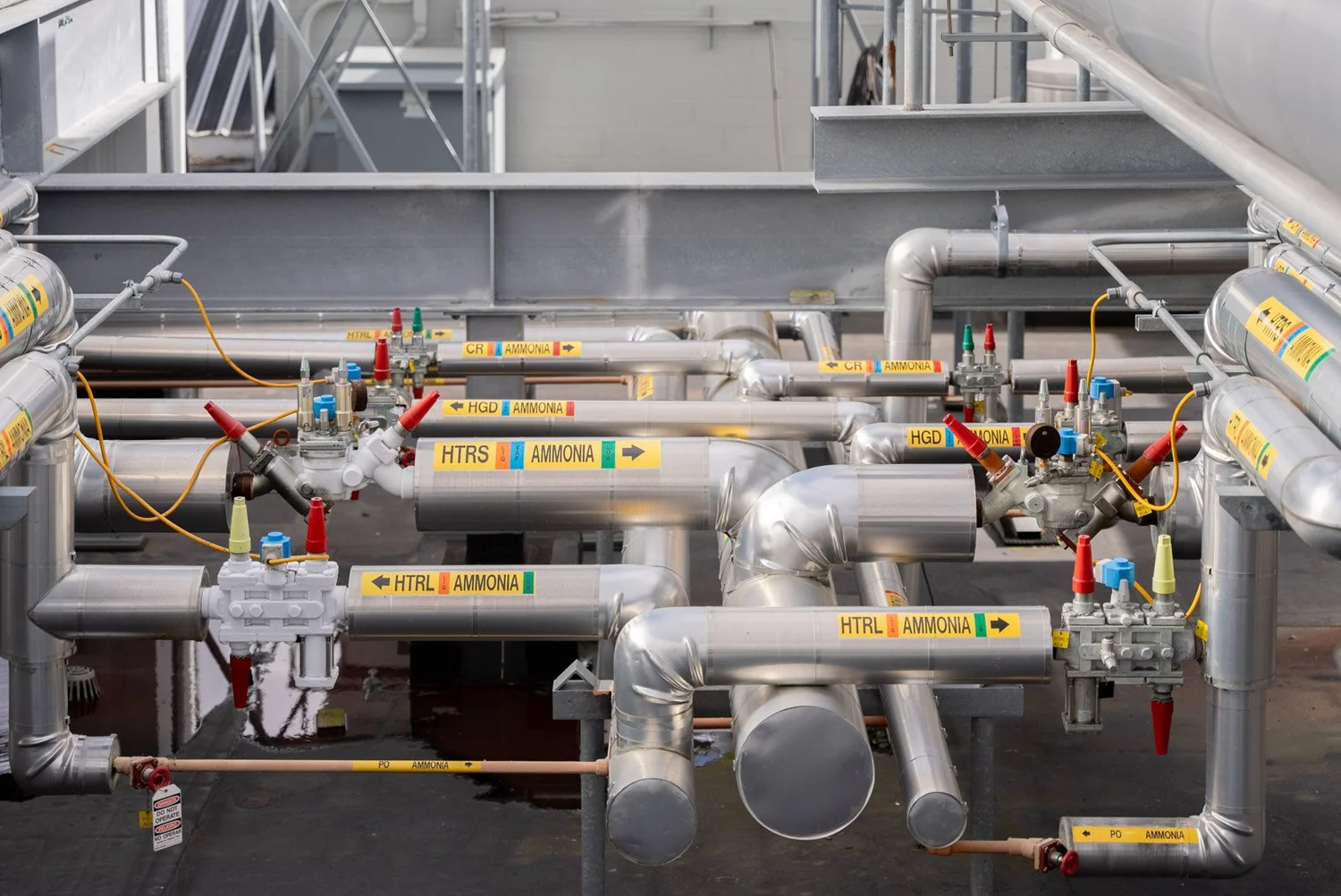 Industrial piping system with labeled pipes for ammonia and other gases, with red, yellow, and blue control valves.