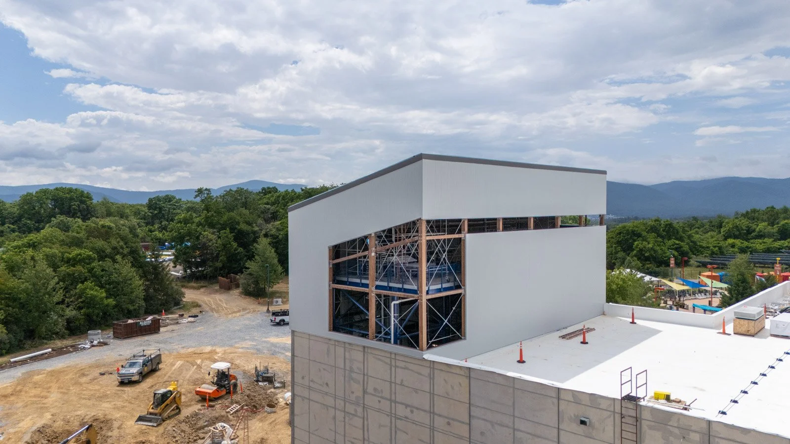 Aerial view of insulated metal panel installation on the new stair tower at Massanutten Water Park in Harrisonburg, VA