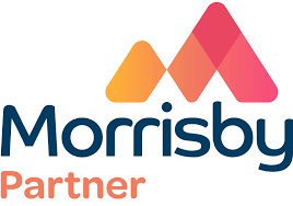 Morrisby Partner logo with stylized mountain peaks in orange, pink, and red, and the words 'Morrisby Partner' in blue and orange.