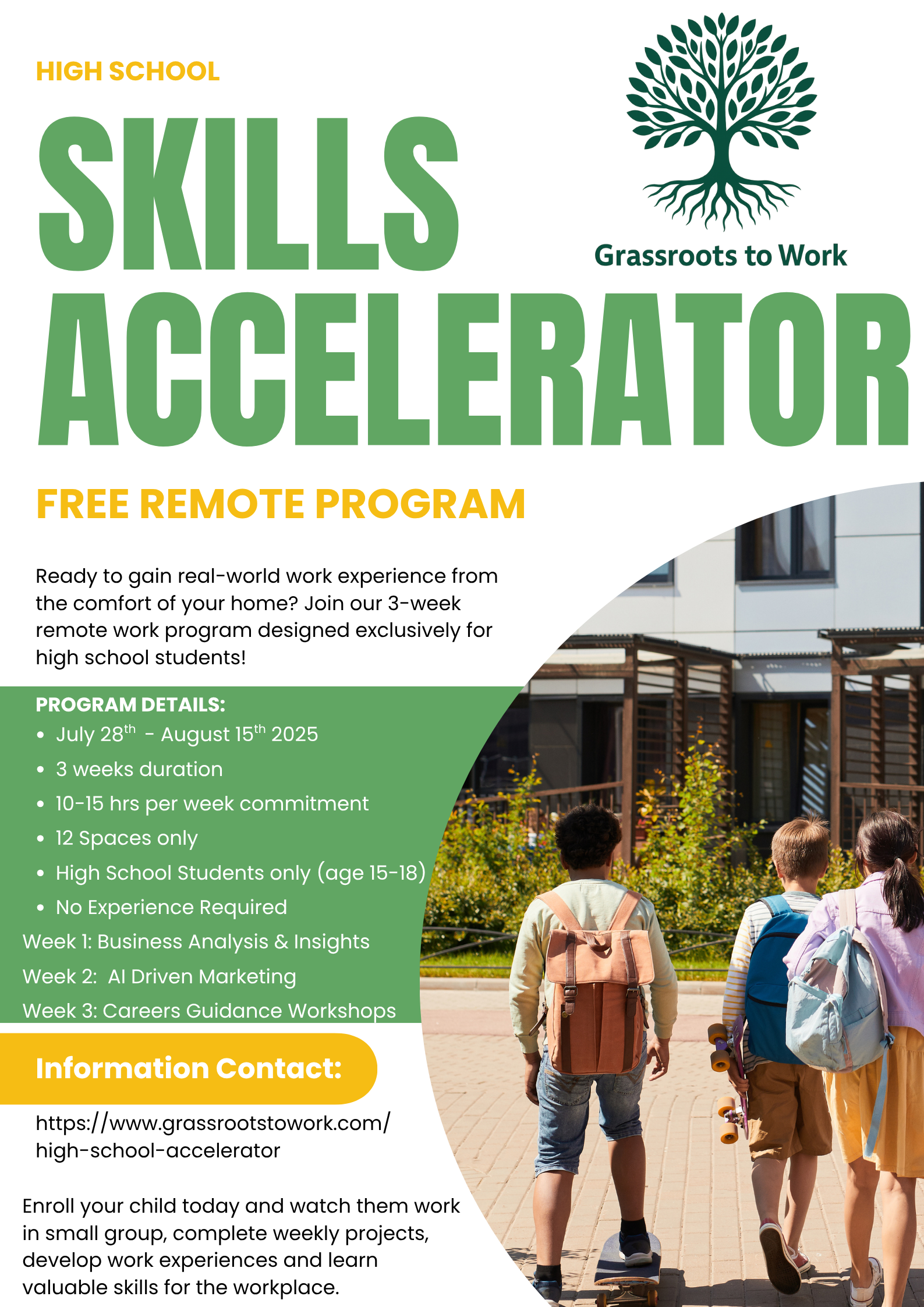 Flyer for a high school skills accelerator program featuring children with backpacks walking outside a modern building with greenery.