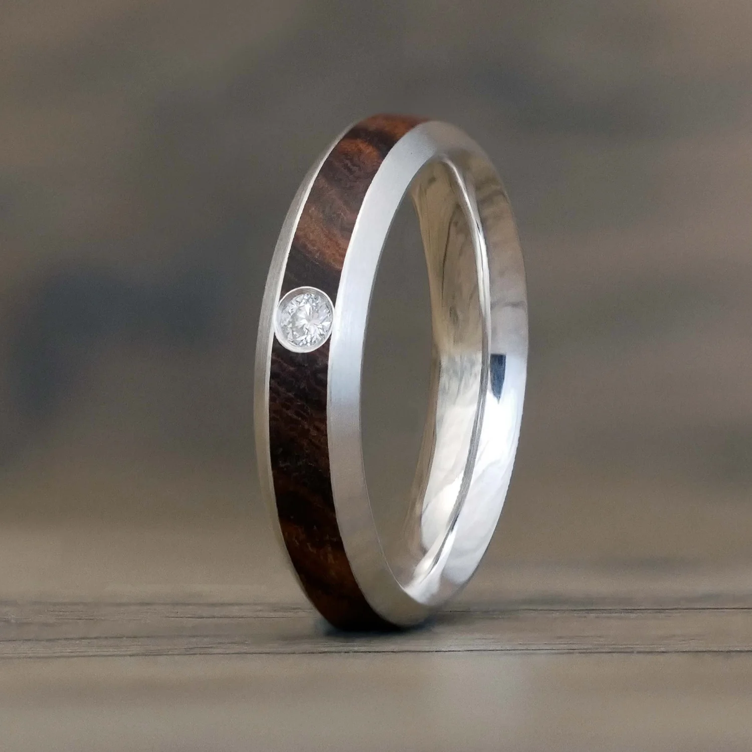 wooden engagement ring crafted in diamond, silver, gold or