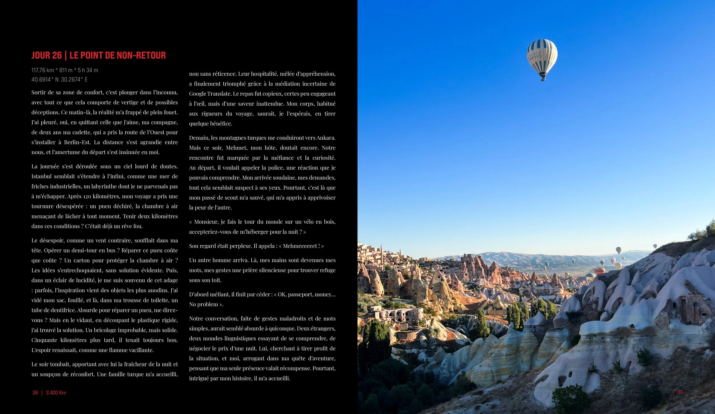 A page from the book design with text on the left and a photo of a landscape with hot air balloons in the sky on the right.
