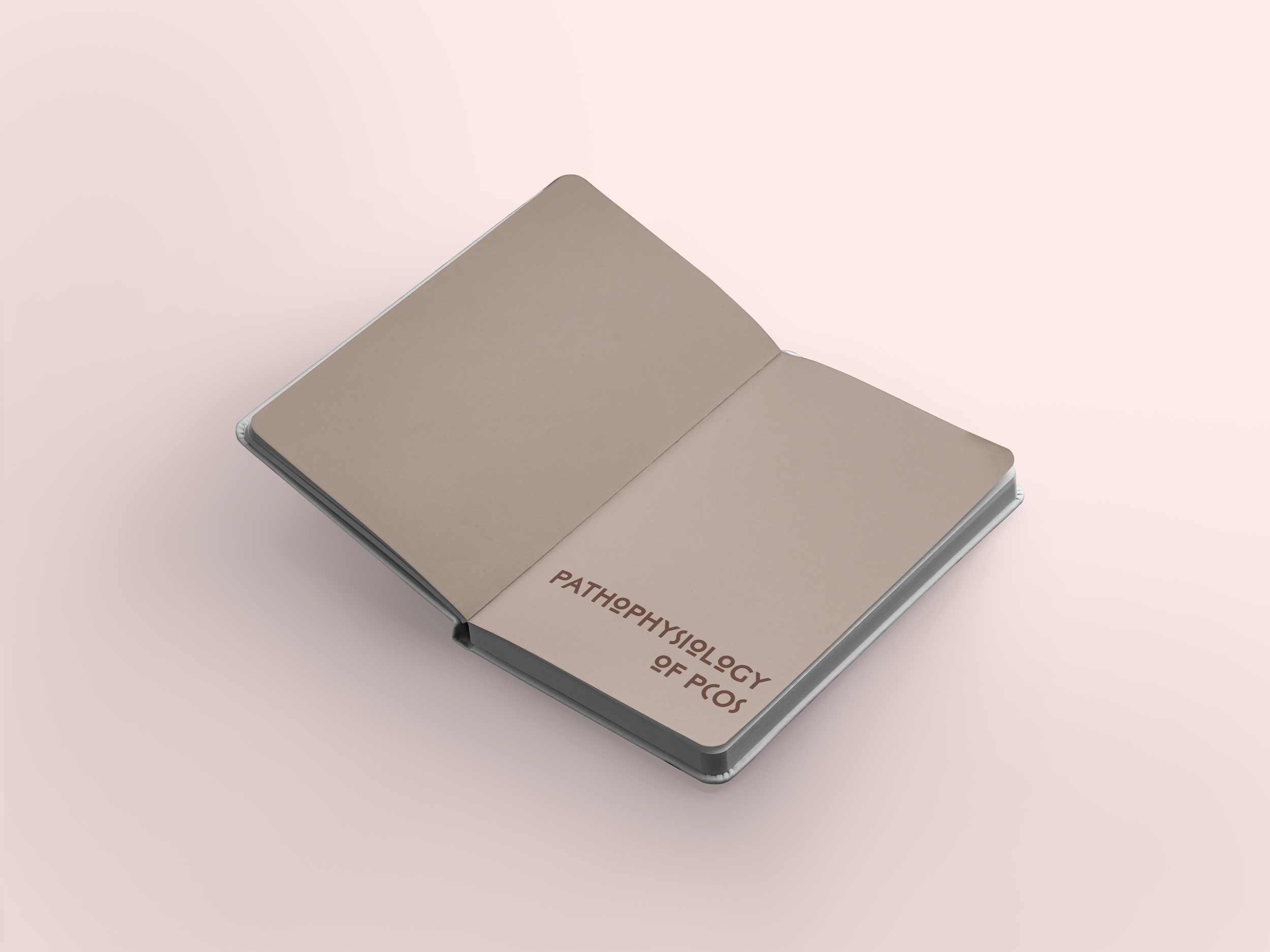 Open PCOS notebook with beige pages on pink background, with text 'Pathophysiology of PCOS' on bottom right page.
