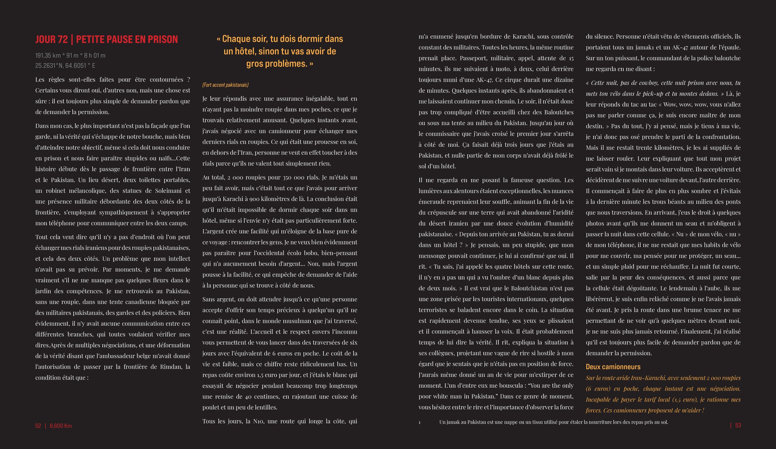 Page from the book design with text in French, with section titles in red and orange, containing personal stories, travel experiences, and reflections on Pakistan and Iran.
