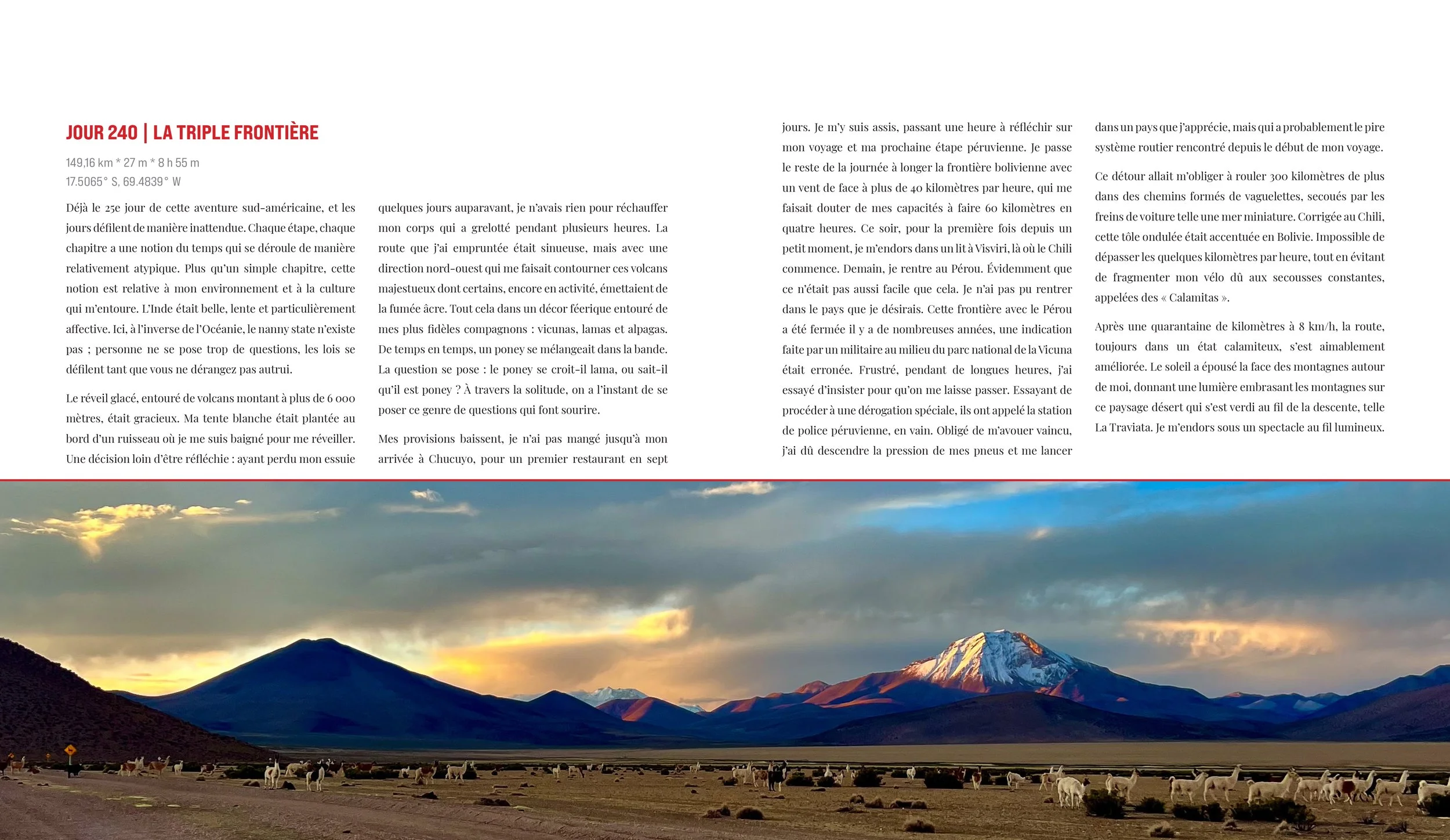 A magazine spread with a story about Day 240 at La Triple Frontière, featuring a mountainous landscape with snow-capped peaks, a semi-arid plain with grazing llamas or alpacas, and a colorful sky during sunset.