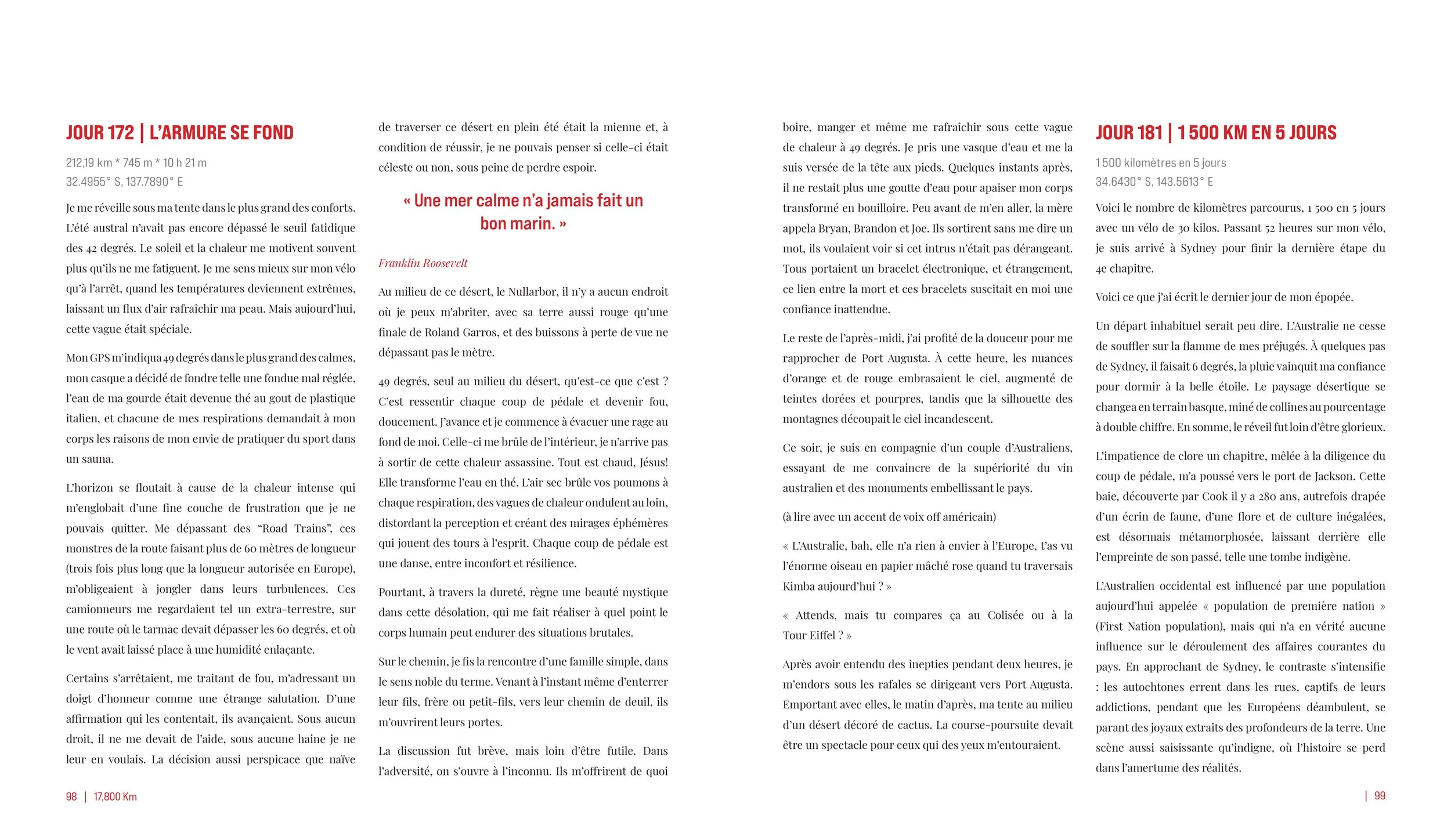 A two-page open book spread. The left page has a title in red, and the right page has a similar title also in red. Both pages contain columns of text in French, with some red quotes and section headers about the writer's travels. 