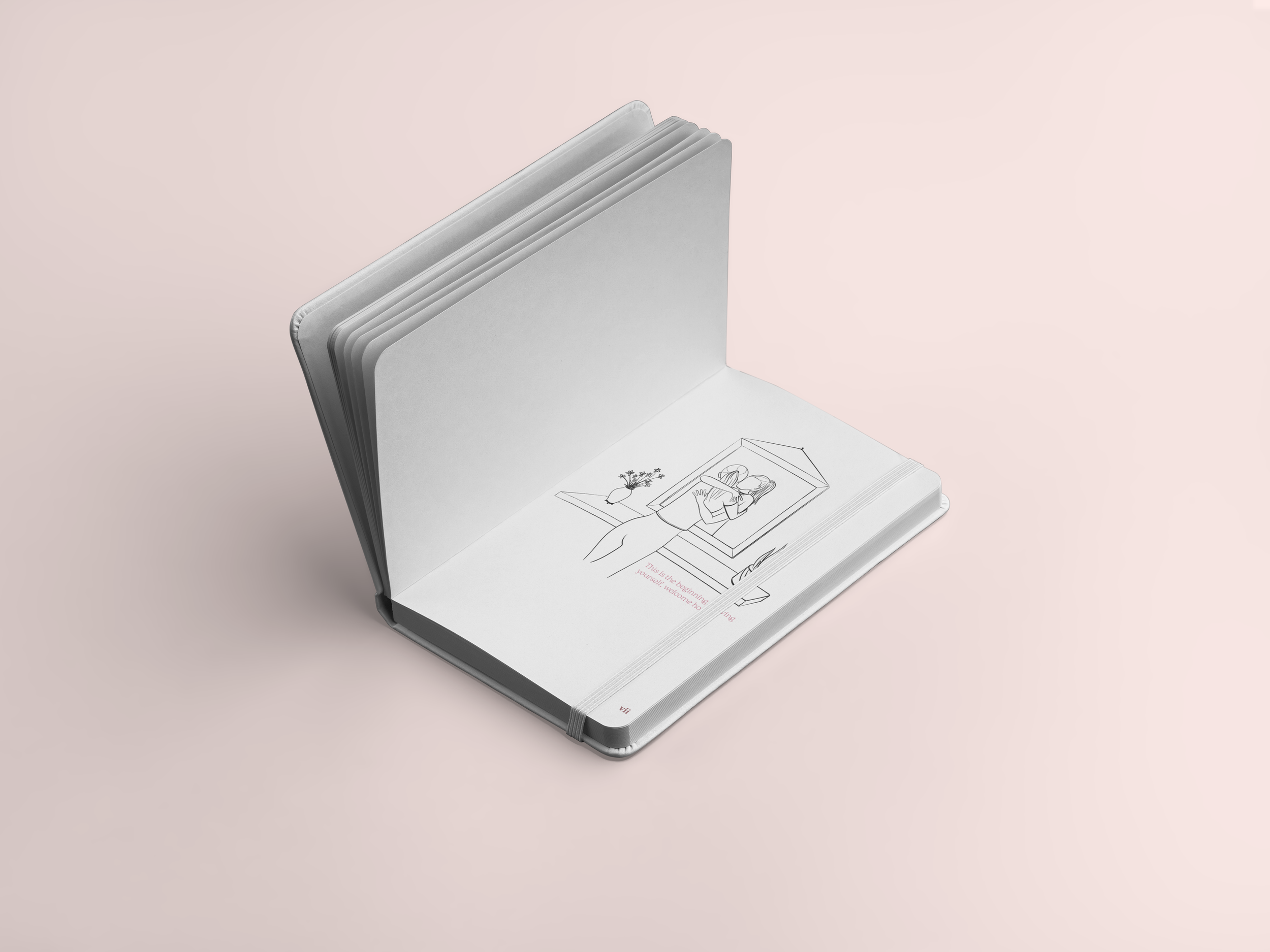 Open PCOS planner notebook with a drawing of a woman admiring a framed picture of a dog, placed on a pink surface.