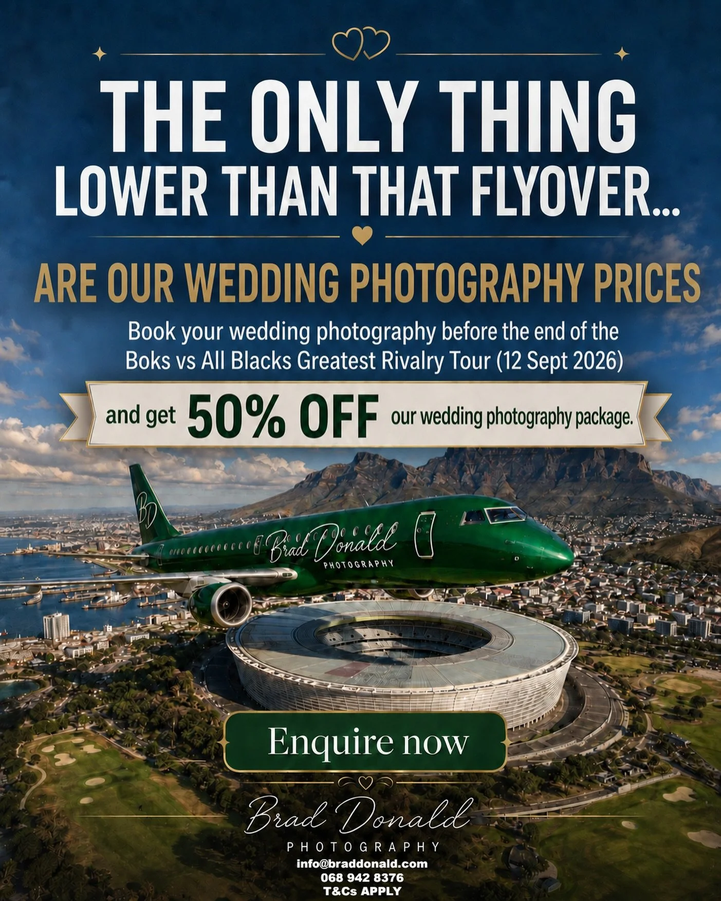 THE ONLY THING LOWER THAN THAT FLYOVER&hellip; 👀✈️

Get 50% OFF our wedding photography package when you book before 12 September 2026.

Limited availability.

📩 info@braddonald.com
📱 068 942 8376

DM or Comment &ldquo;50%&rdquo; 
and I&rsquo;ll s