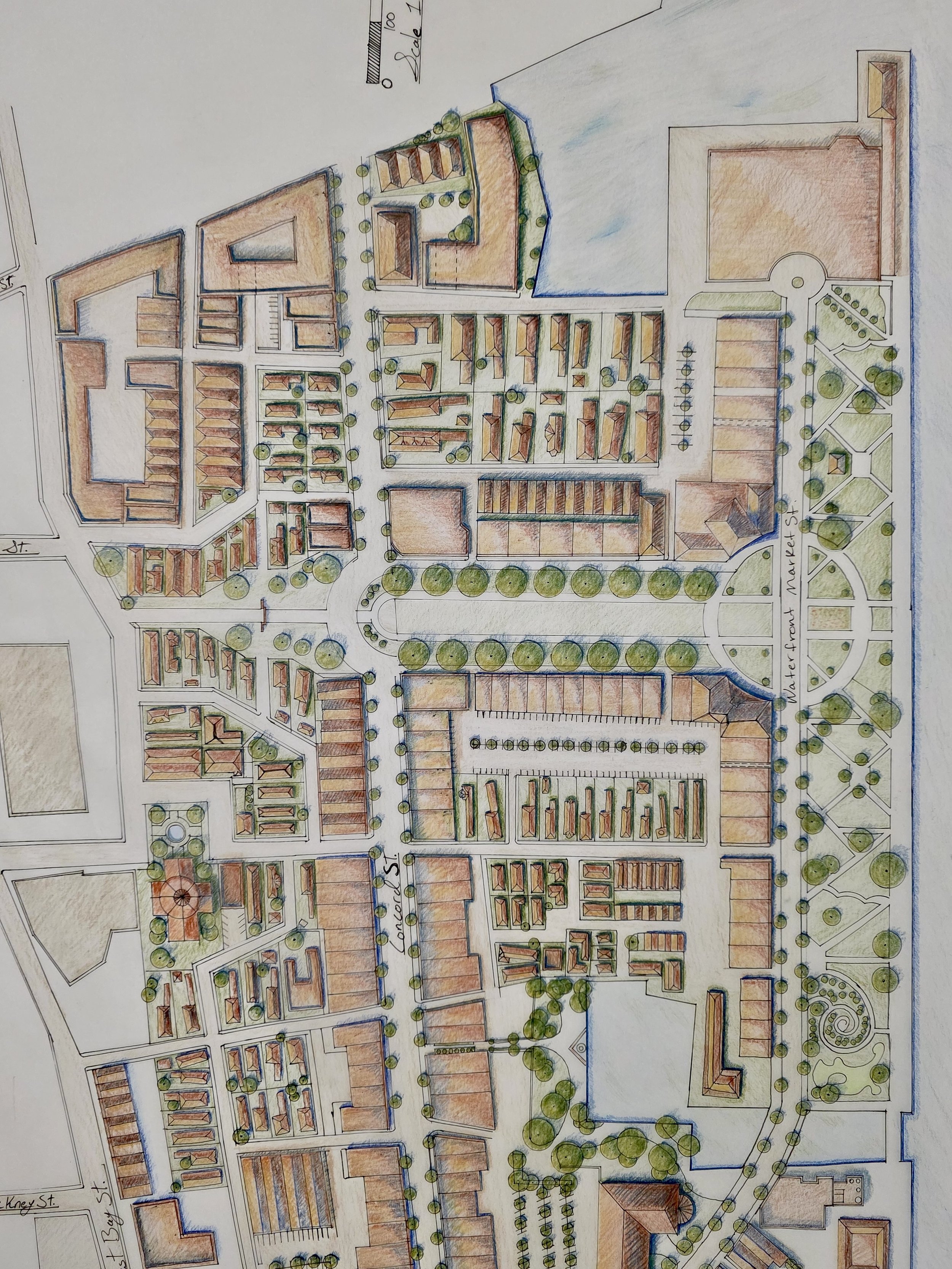 Hand drawn masterplan for a proposed mixed use development in Charleston SC