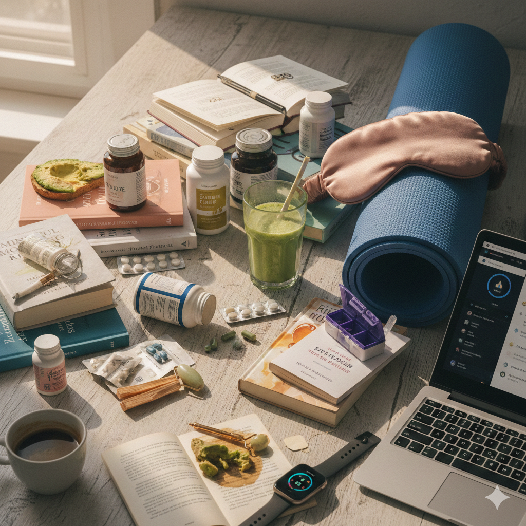 Wellness products and supplements scattered on a surface — the typical advice that doesn't address the full picture