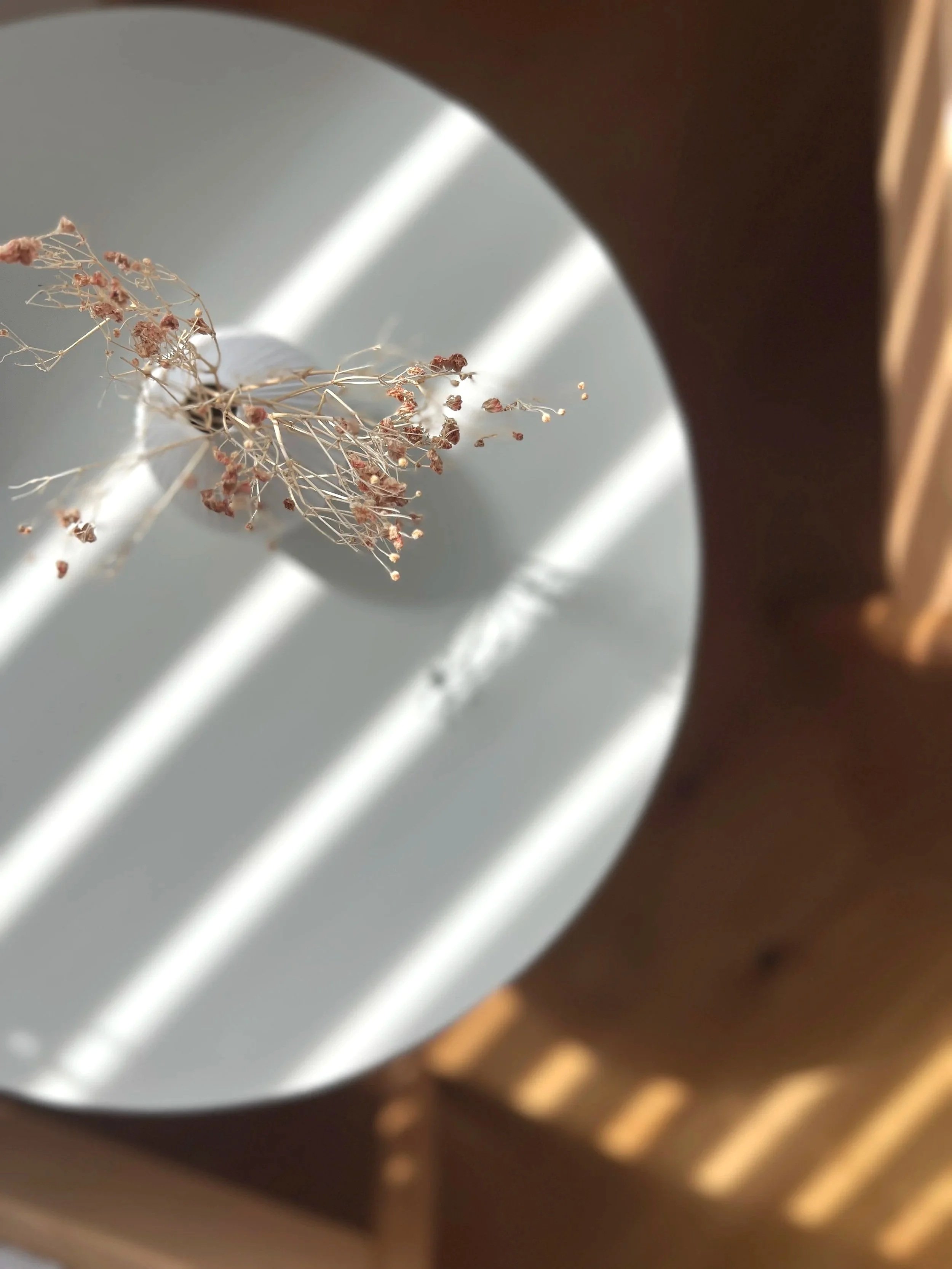 Nahaufnahme eines zarten getrockneten Zweigs mit kleinen Blüten auf einem weißen Beistelltisch.