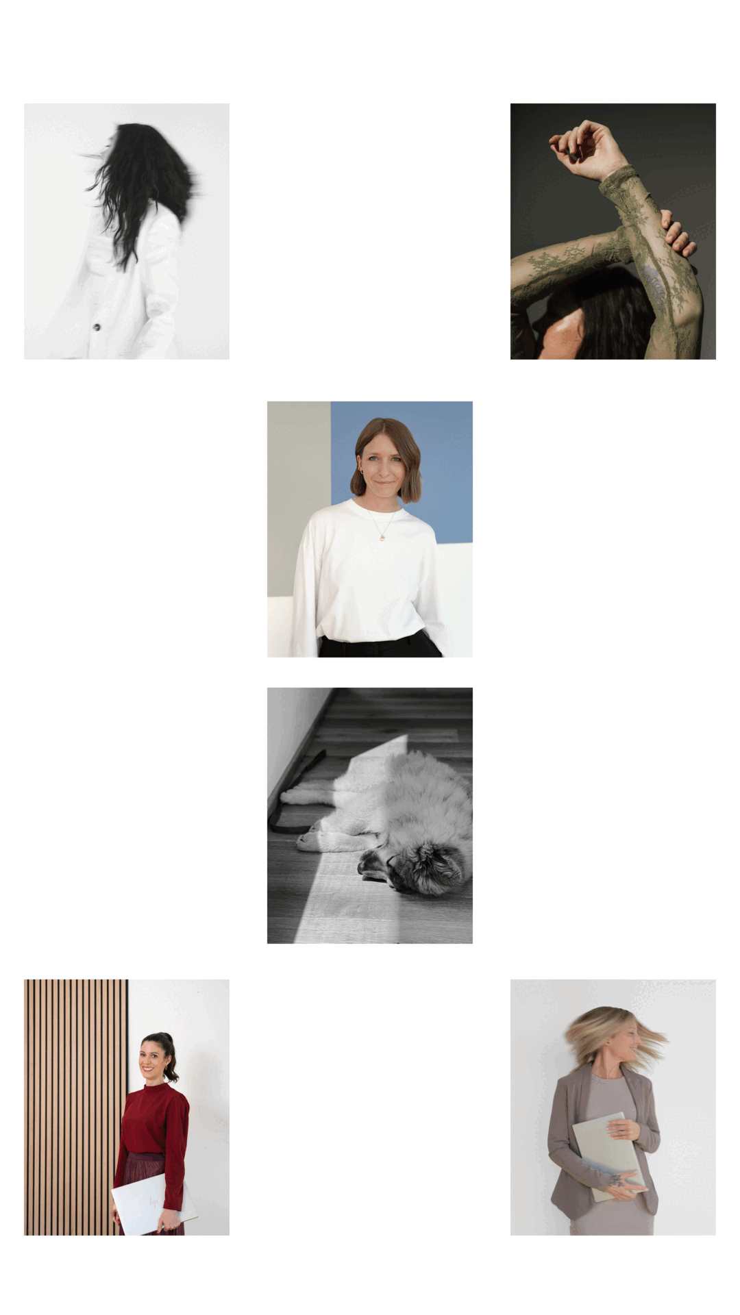 Ein Collage aus sechs Fotos, bestehend aus drei Frauen, einer Hunde,  einem Arm mit Tätowierungen, und einem Kopf einer Frau mit Wind im Haar.