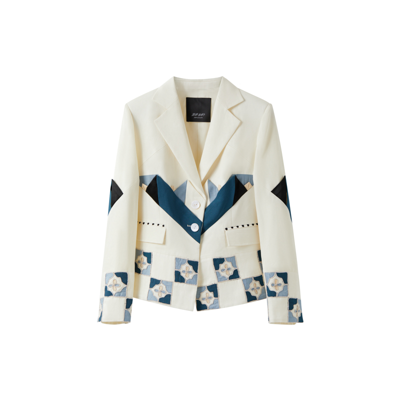 Patchwork Single-Breasted Blazer with traditional appliqué from the Zhuang Ethnic