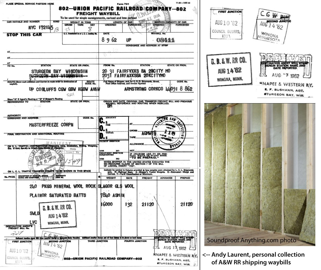 Andy Laurent, sent me this note and the photo:
CONTRIBUTED by Andy Laurent: “I have a collection of about 40,000 waybills covering shipments of product on the A&W in the early 1960s. Masterfreeze received mineral rock wool insulation on a fairly reg