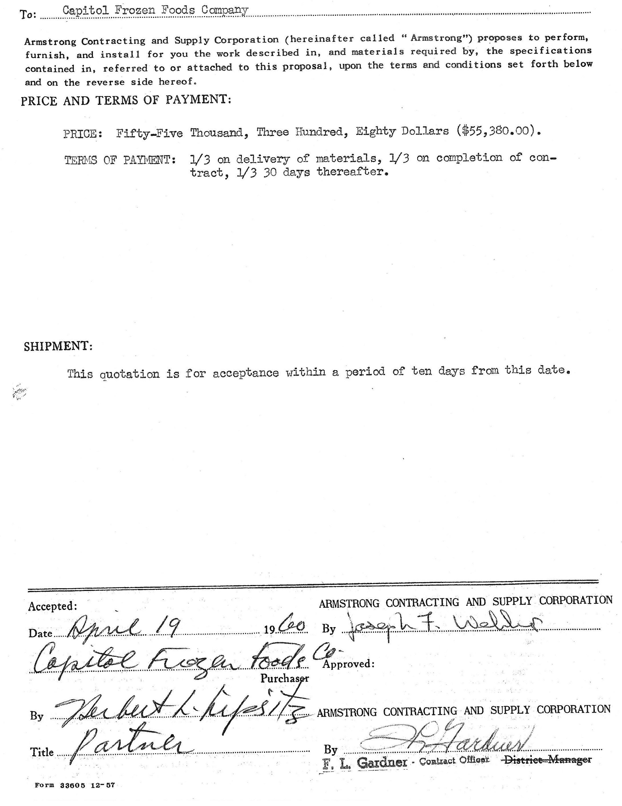 "The business was growing, and he wanted to add additional freezer space. The attached documents his contracting with the Armstrong Contracting Company to build a new freezer using Masterfreeze panels."