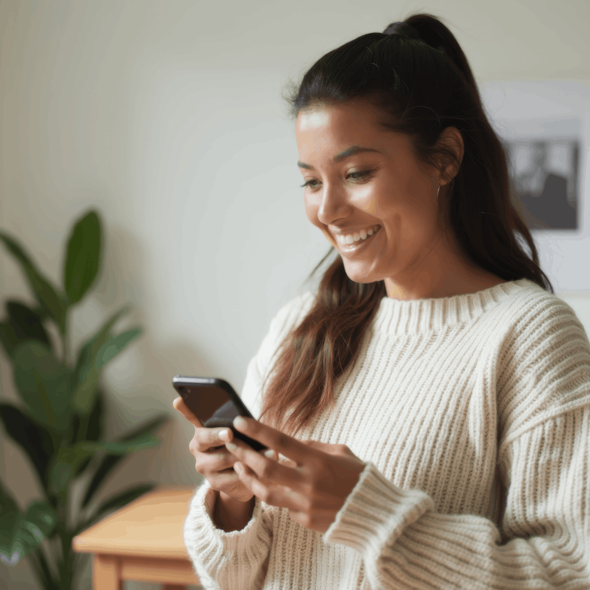 A woman using a phone and smiling at it.