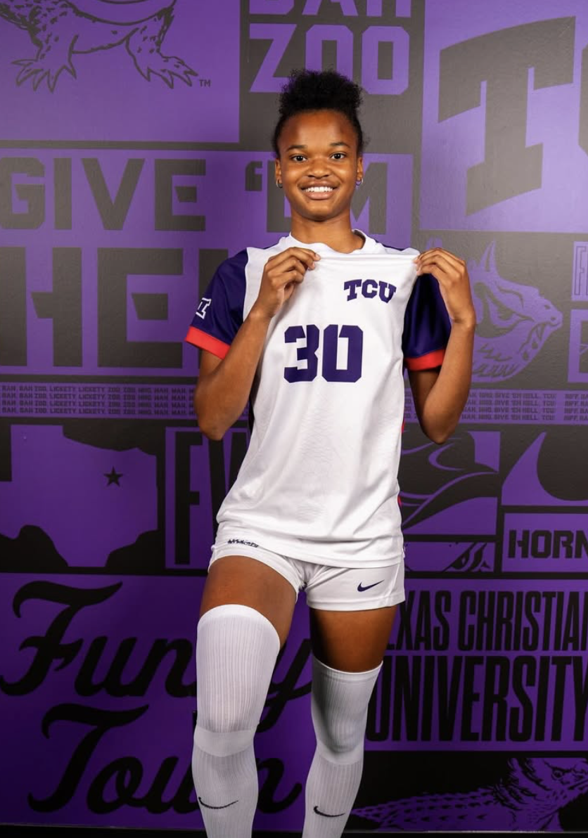 A young woman in a TCU sports uniform holding up a sports jersey with the number 30, smiling, standing in front of a purple background with Texas Christian University and sports-related graphics.