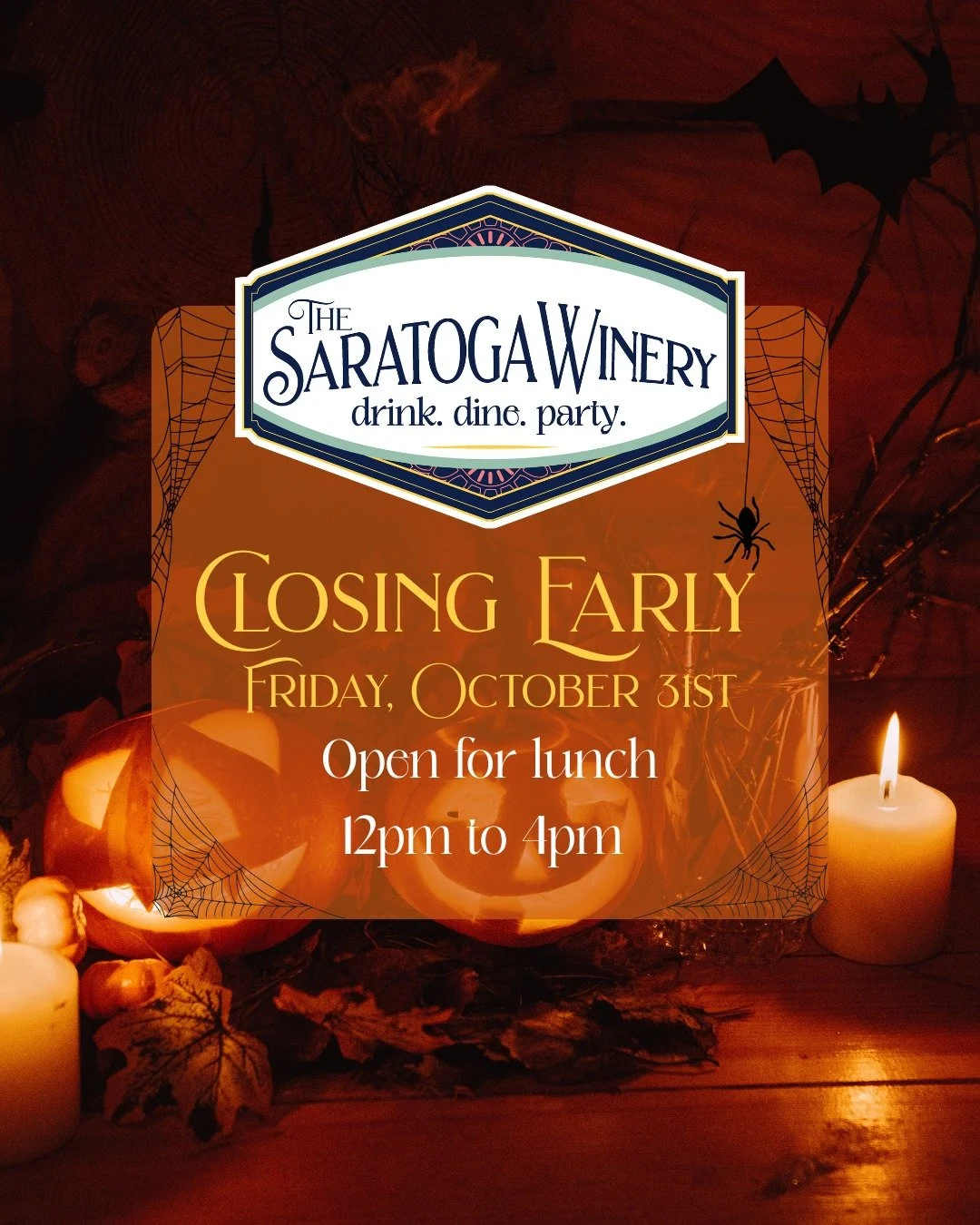 🎃 Special Hours This Friday! 🎃
We’ll be closed for dinner this Friday so our staff can enjoy Trick-or-Treating with their families!
Join us for lunch from 12 PM to 4 PM and fill your bellies before the evening’s Halloween festivities!