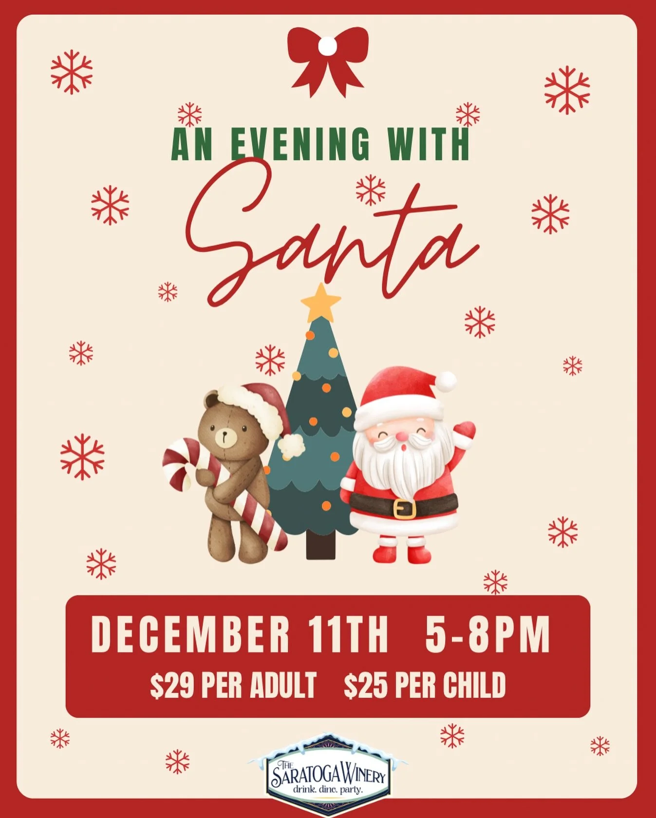 🎅✨ Ho Ho Ho &ndash; Santa is coming to The Saratoga Winery!
Join us Thursday, December 11th from 5&ndash;8PM for a magical family evening featuring an all-you-can-eat buffet, milk &amp; cookies, and festive fun. 🍪🎄
Meet the Man in Red, snap photos