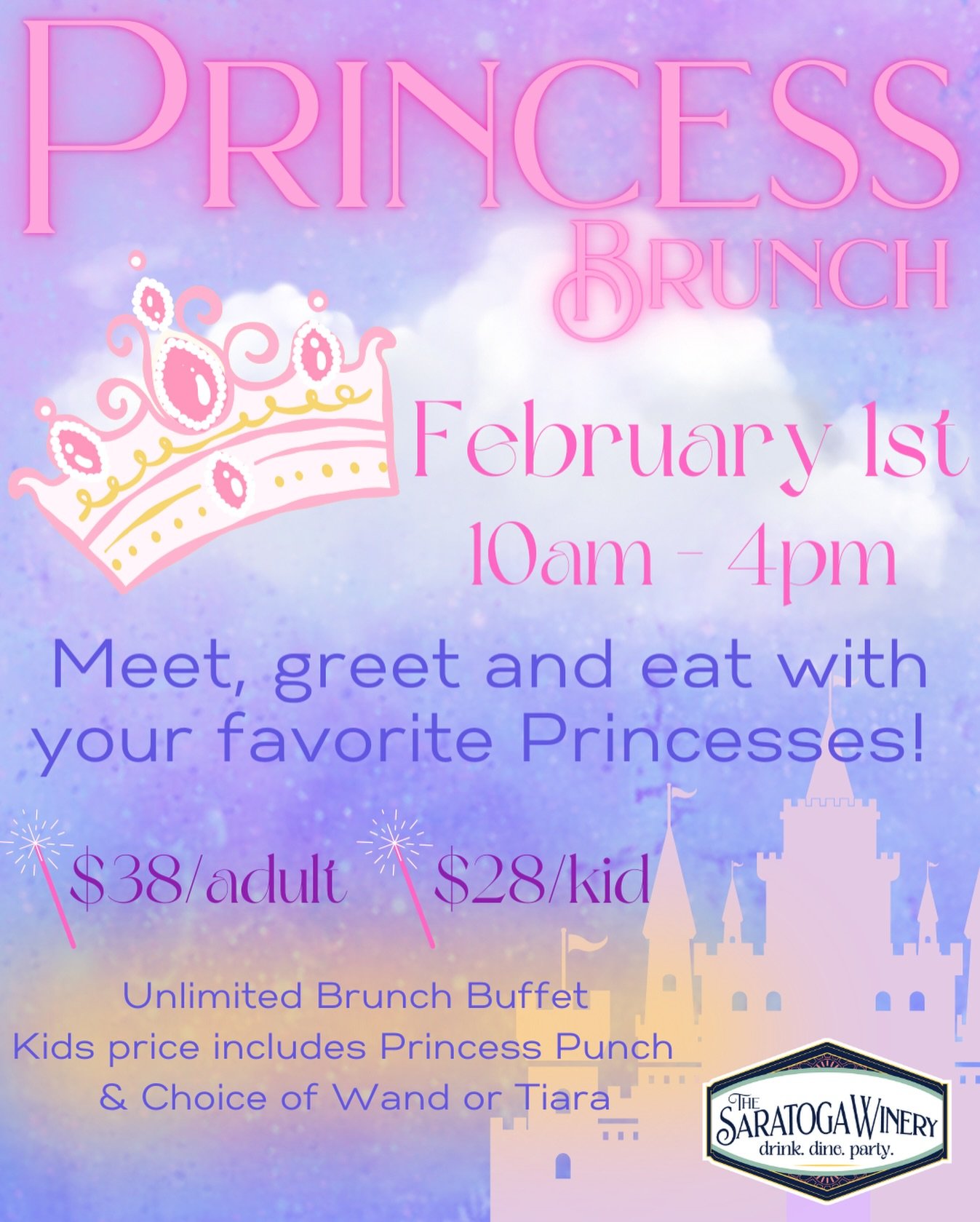 👑 ✨ Princess Brunch is returning to The Saratoga Winery! On Sunday, February 1st from 10am-4pm, the Winery will turn into a fairytale filled with smiling princesses, twirling dresses, and a lot of magic 👸 Guests are invited to meet, greet, and enjo