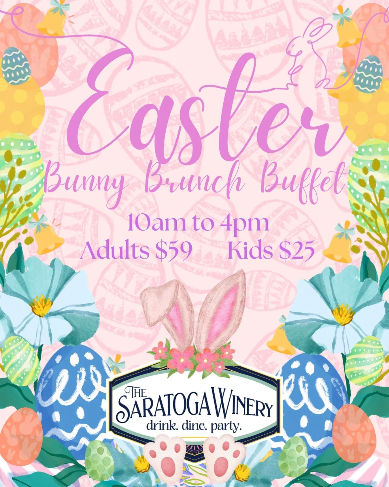 Bunnies, Brunch &amp; Booze 🐰🥂

Join us on Easter Sunday for a fun, family-filled day at our annual Bunny Brunch Buffet! 

🐣 Kids: The Easter Bunny
🥂 Adults: Bottomless mimosas
🍳 Everyone: An all-you-can-eat brunch

10am-4pm
Adults $59 | Kids $2