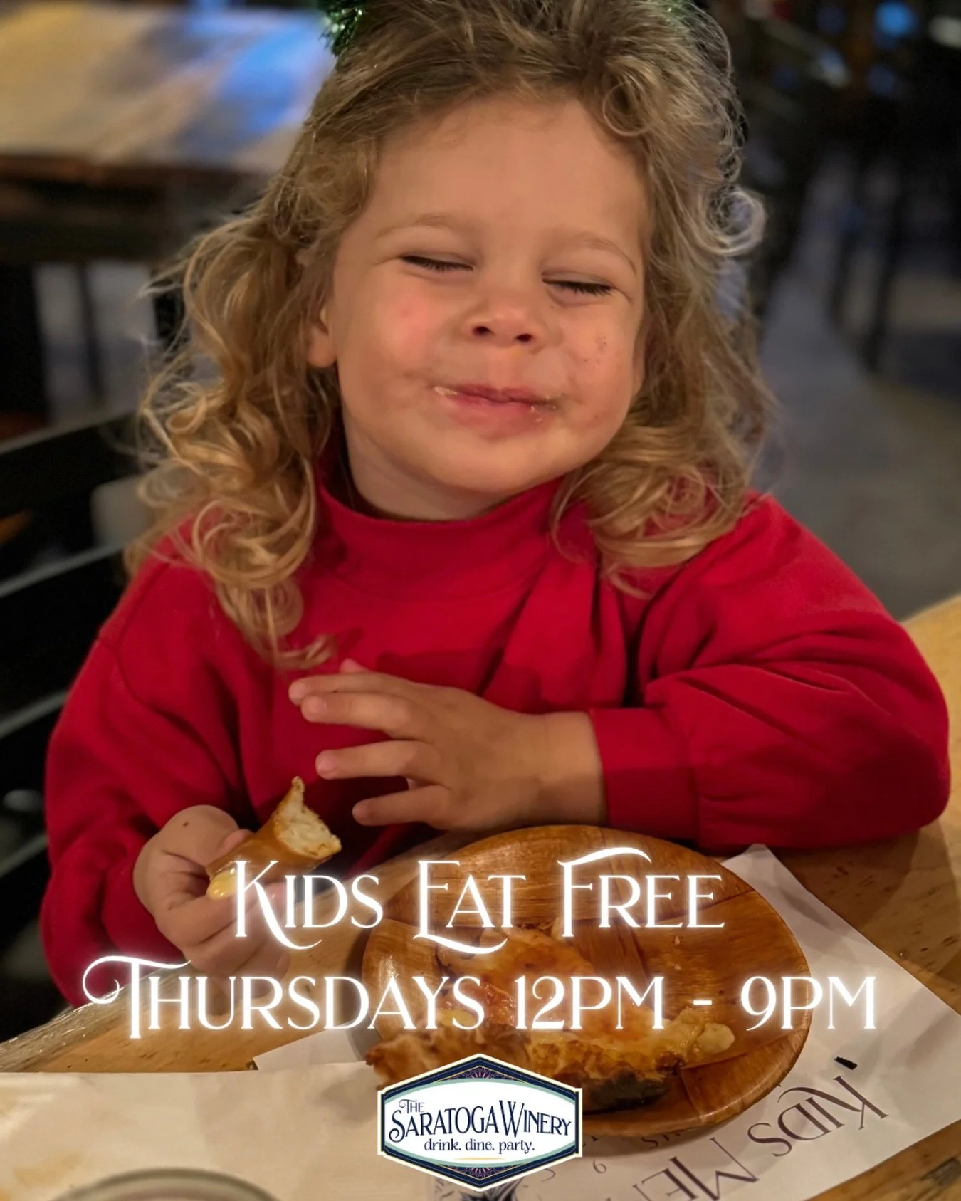 That feeling when dinner is handled and the kids are happy 🙌

Kids eat FREE every Thursday at The Saratoga Winery 🍕🍷