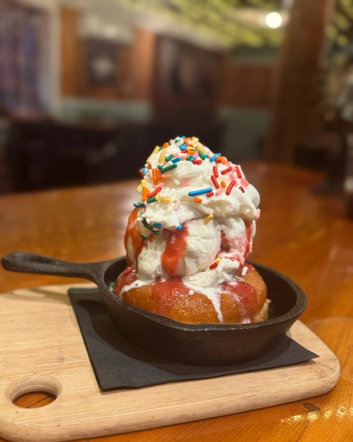 Kids eat free today 🙌

No need to make a stop for ice cream on the way home either &mdash; we&rsquo;ve got you covered right here! Warm glazed donuts paired with vanilla ice cream, strawberry compote, rainbow sprinkles, and whipped cream.

You&rsquo