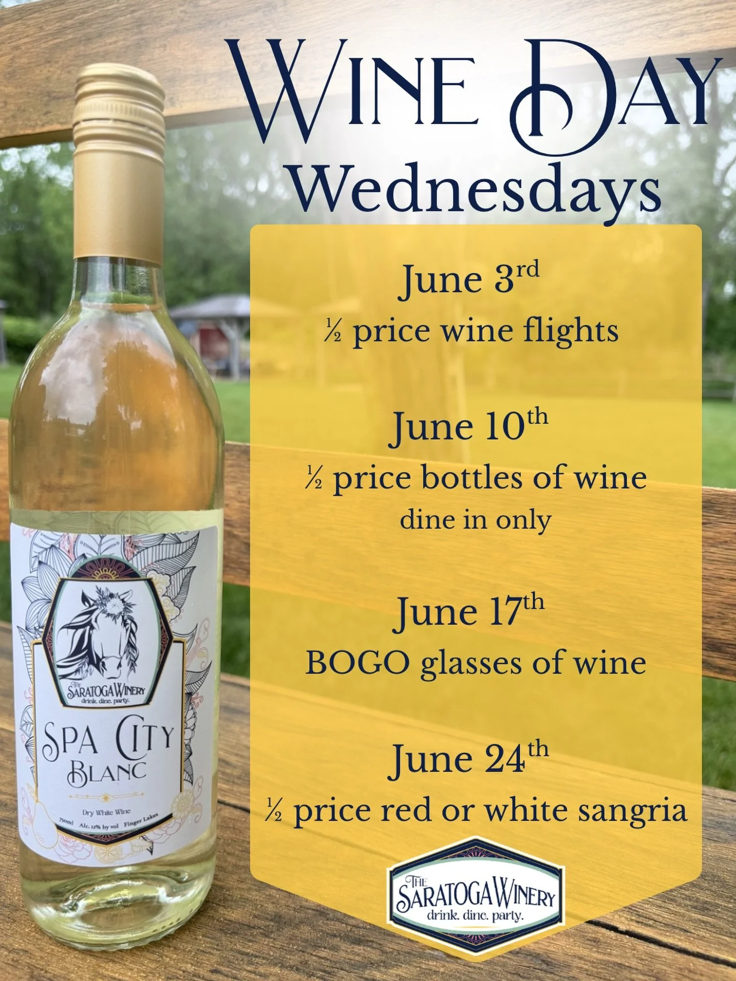 🍷 No whining&hellip; JUST WINE 🍷

Wednesdays just got a whole lot better at The Saratoga Winery ✨

Join us every Wednesday in June for Wine Day Wednesdays featuring a different wine special each week 🍇🥂

🍷 June 3rd &mdash; &frac12; price wine fl