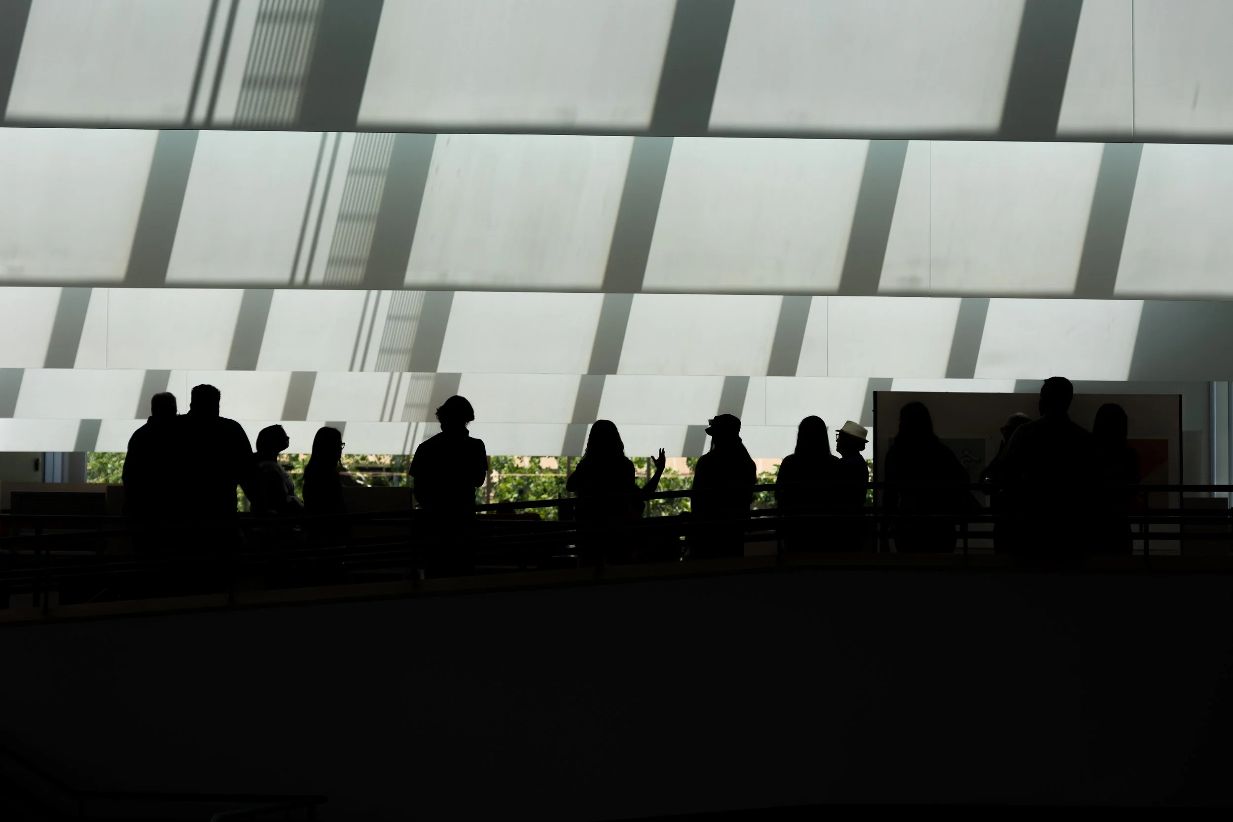 Silhouettes of people in a building with light and shadows being cast down from the windows above